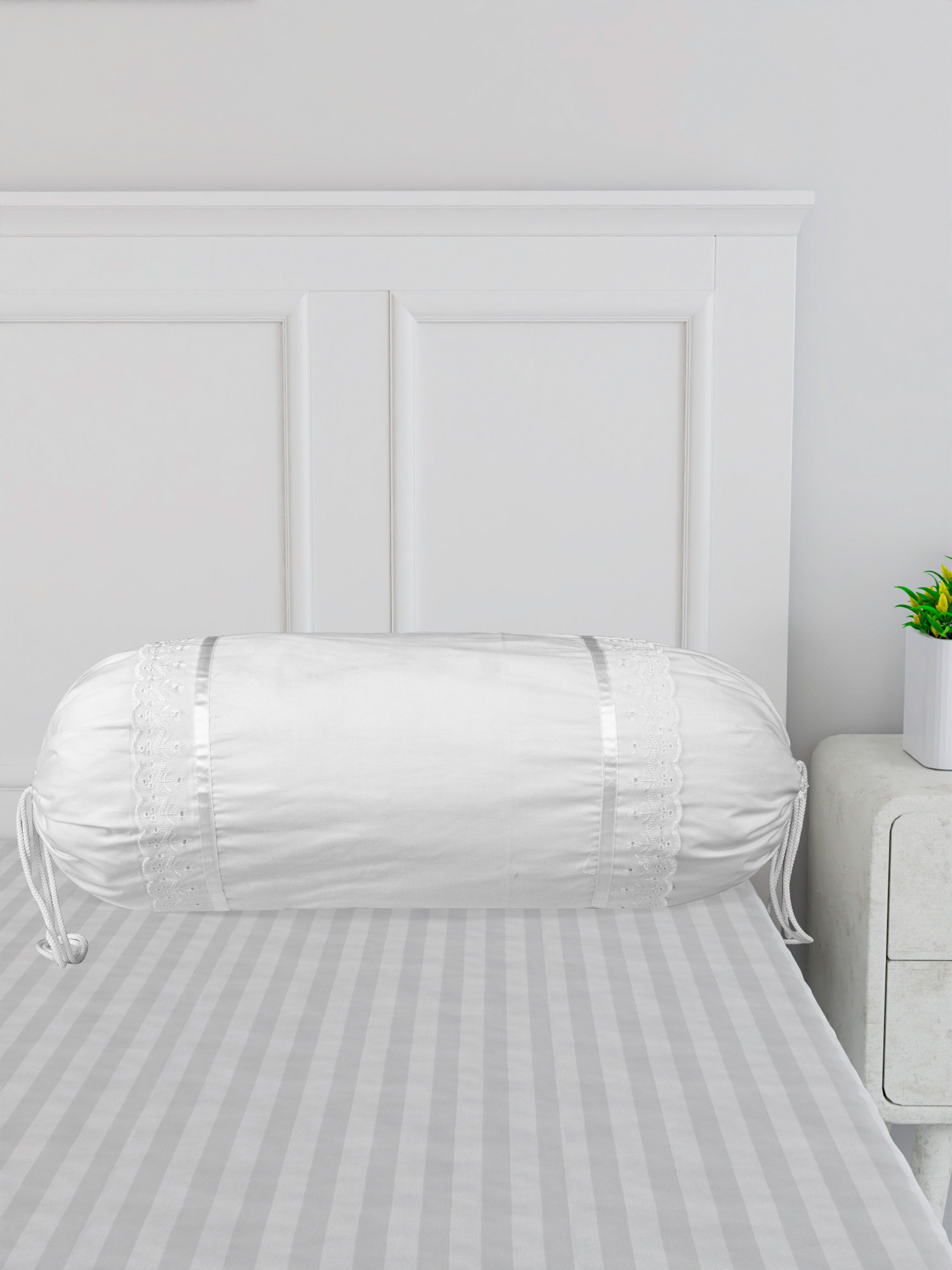 Kuber Industries Bolster Covers  Cotton Bolster Cover Set  Diwan Bolster Cover Set  Bolster Pillow Cover  Plain Lace Print Masand Cover  16x32 Inch  Pack of 2  White