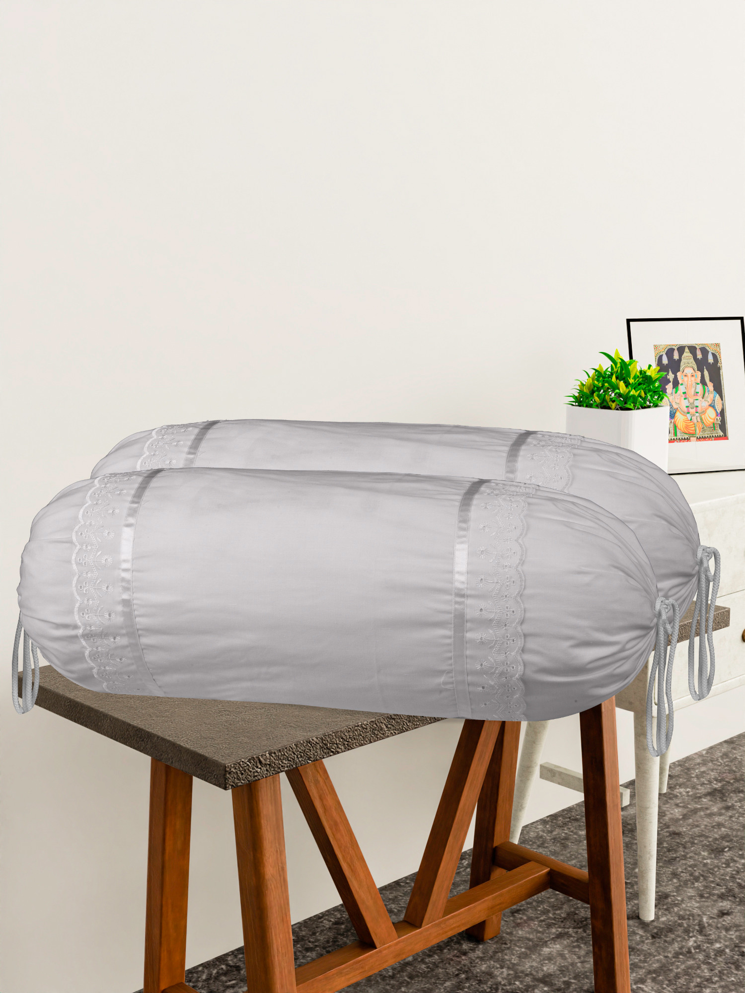Kuber Industries Bolster Covers  Cotton Bolster Cover Set  Diwan Bolster Cover Set  Bolster Pillow Cover  Plain Lace Print Masand Cover  16x32 Inch  Pack of 2  Gray