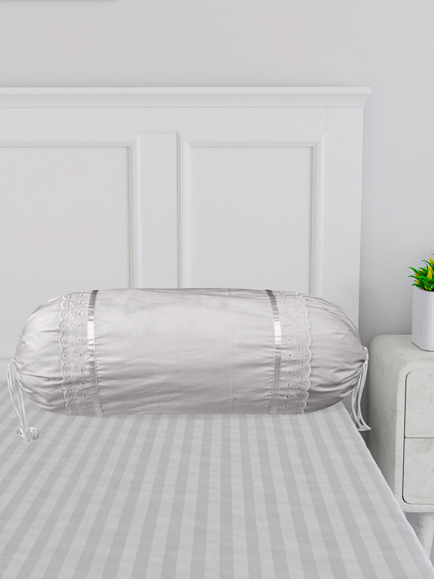 Kuber Industries Bolster Covers  Cotton Bolster Cover Set  Diwan Bolster Cover Set  Bolster Pillow Cover  Plain Lace Print Masand Cover  16x32 Inch  Pack of 2  Gray