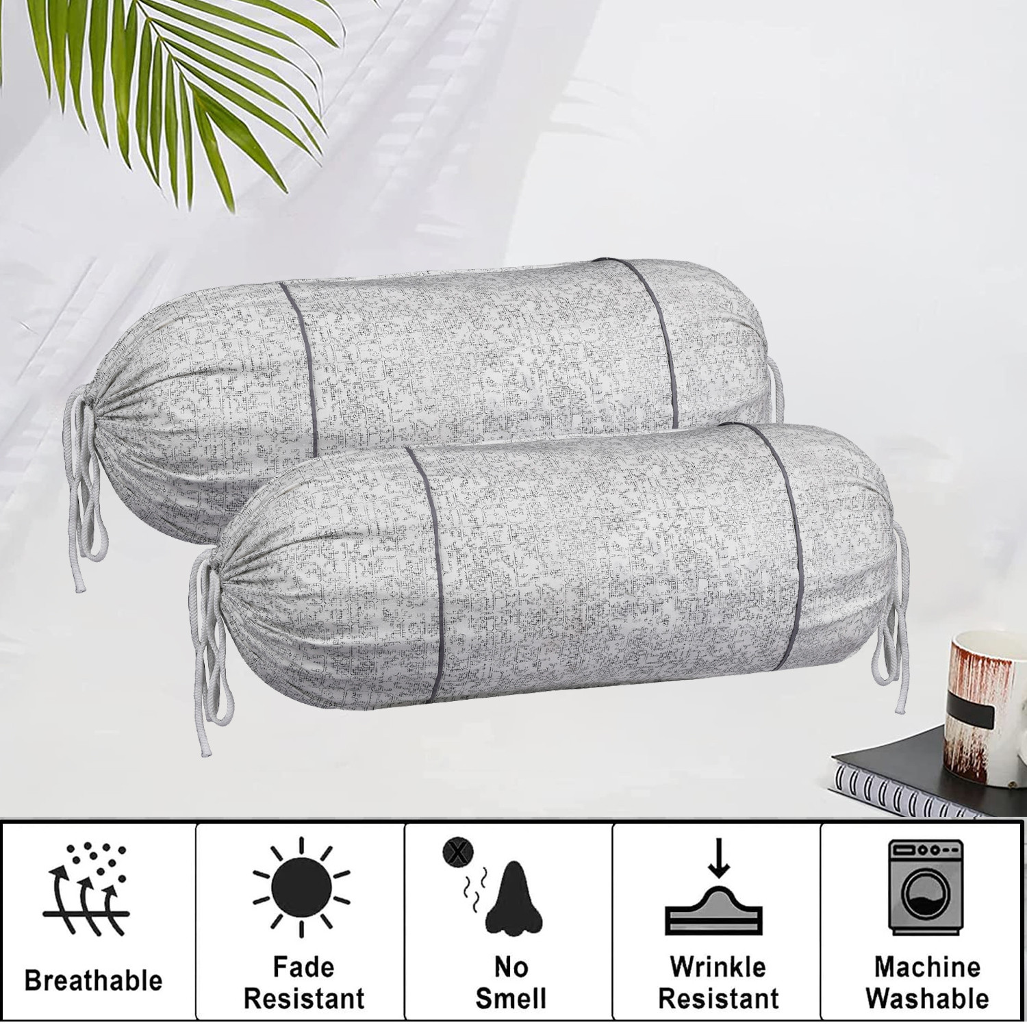 Kuber Industries Bolster Covers | Cotton Bolster Cover Set | Diwan Bolster Cover Set | Bolster Pillow Cover | Khakhi Printed Masand Cover | 16x32 Inch |White