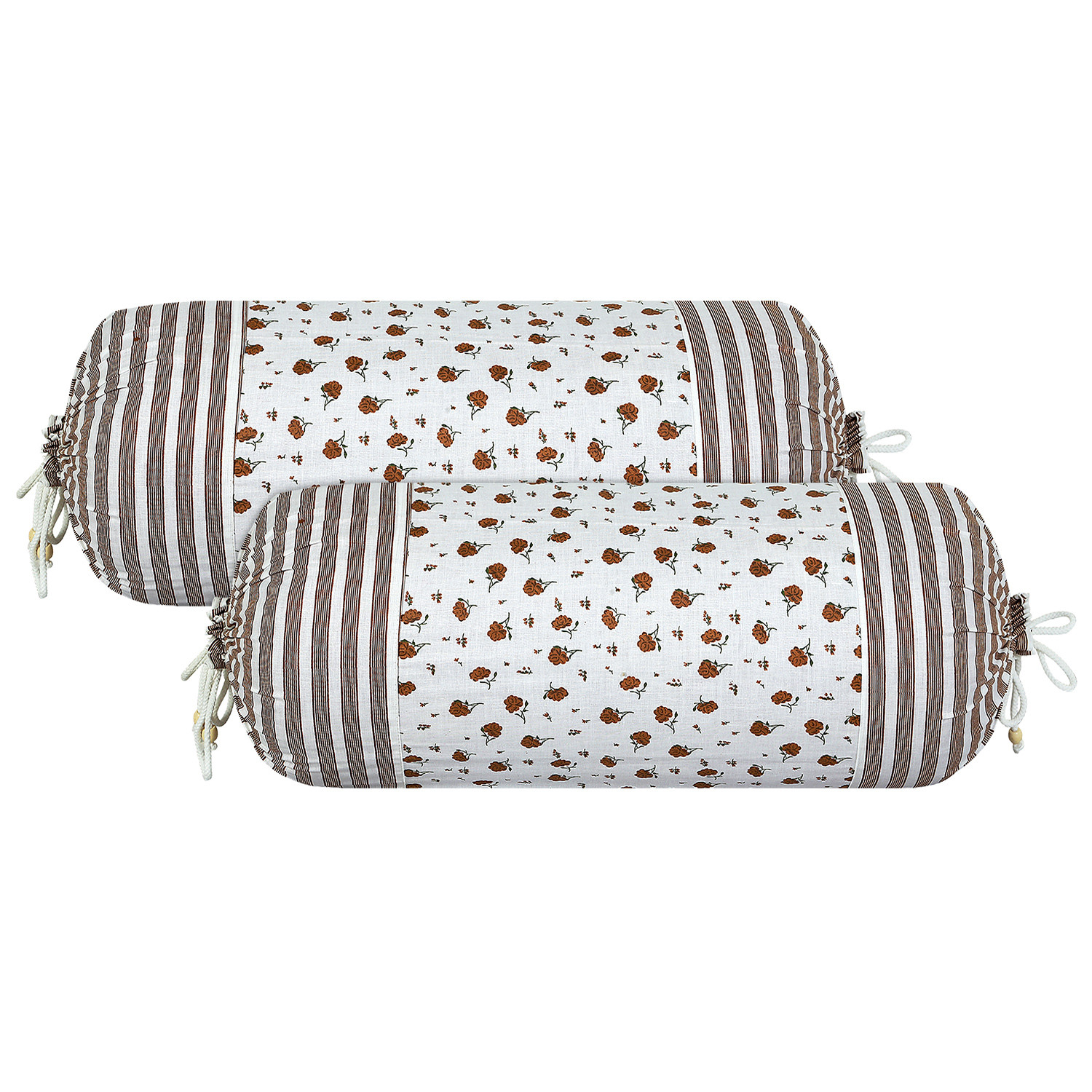 Kuber Industries Bolster Covers | Cotton Bolster Cover Set | Diwan Bolster Cover Set | Bolster Pillow Cover | Brown Flower Masand Cover | 16x32 Inch |White