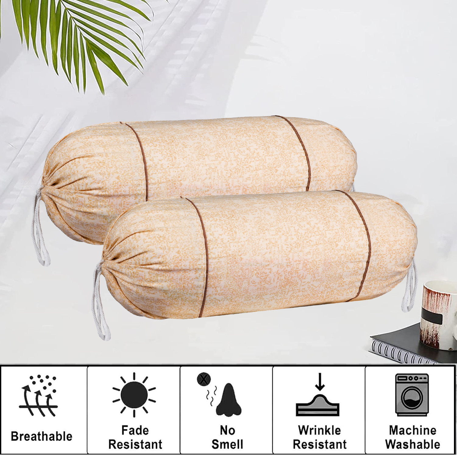 Kuber Industries Bolster Covers  Cotton Bolster Cover Set  Diwan Bolster Cover Set  Bolster Pillow Cover  Khakhi Printed Masand Cover  16x32 Inch  Pack of 2  Cream