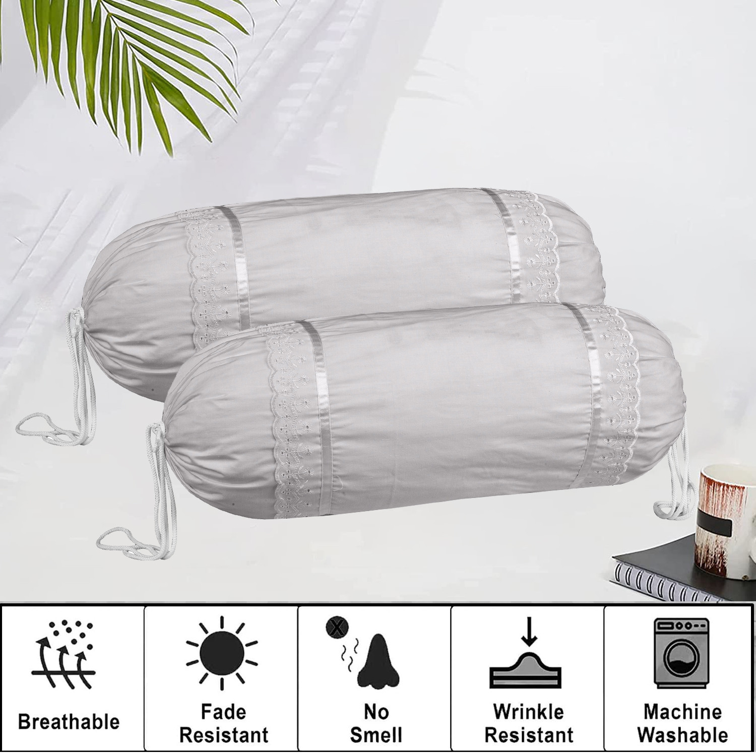 Kuber Industries Bolster Covers  Cotton Bolster Cover Set  Diwan Bolster Cover Set  Bolster Pillow Cover  Plain Lace Print Masand Cover  16x32 Inch  Pack of 2  Gray