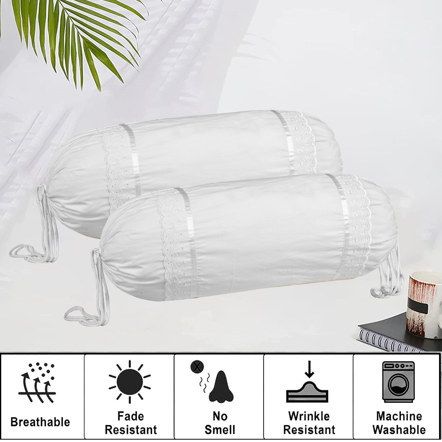 Kuber Industries Bolster Covers  Cotton Bolster Cover Set  Diwan Bolster Cover Set  Bolster Pillow Cover  Plain Lace Print Masand Cover  16x32 Inch  Pack of 2  White