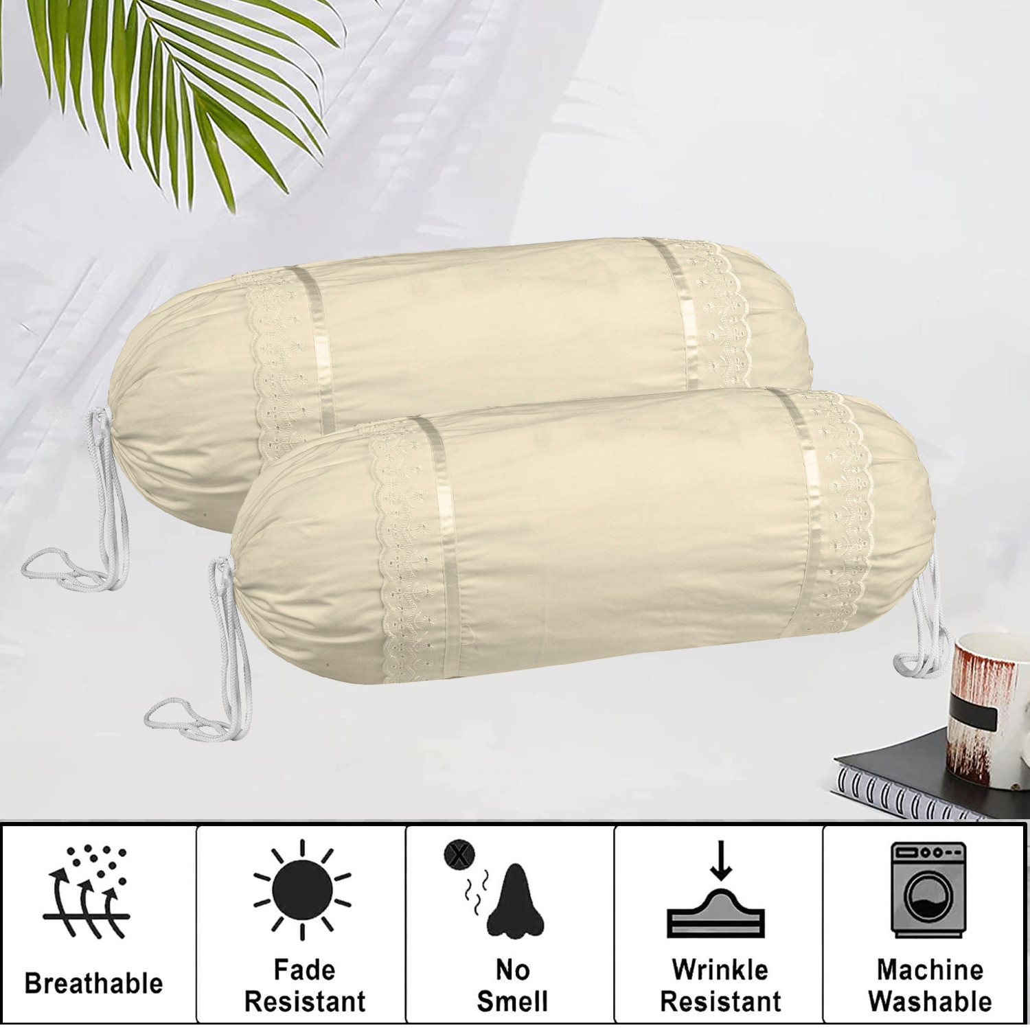 Kuber Industries Bolster Covers  Cotton Bolster Cover Set  Diwan Bolster Cover Set  Bolster Pillow Cover  Plain Lace Print Masand Cover  16x32 Inch  Pack of 2  Cream