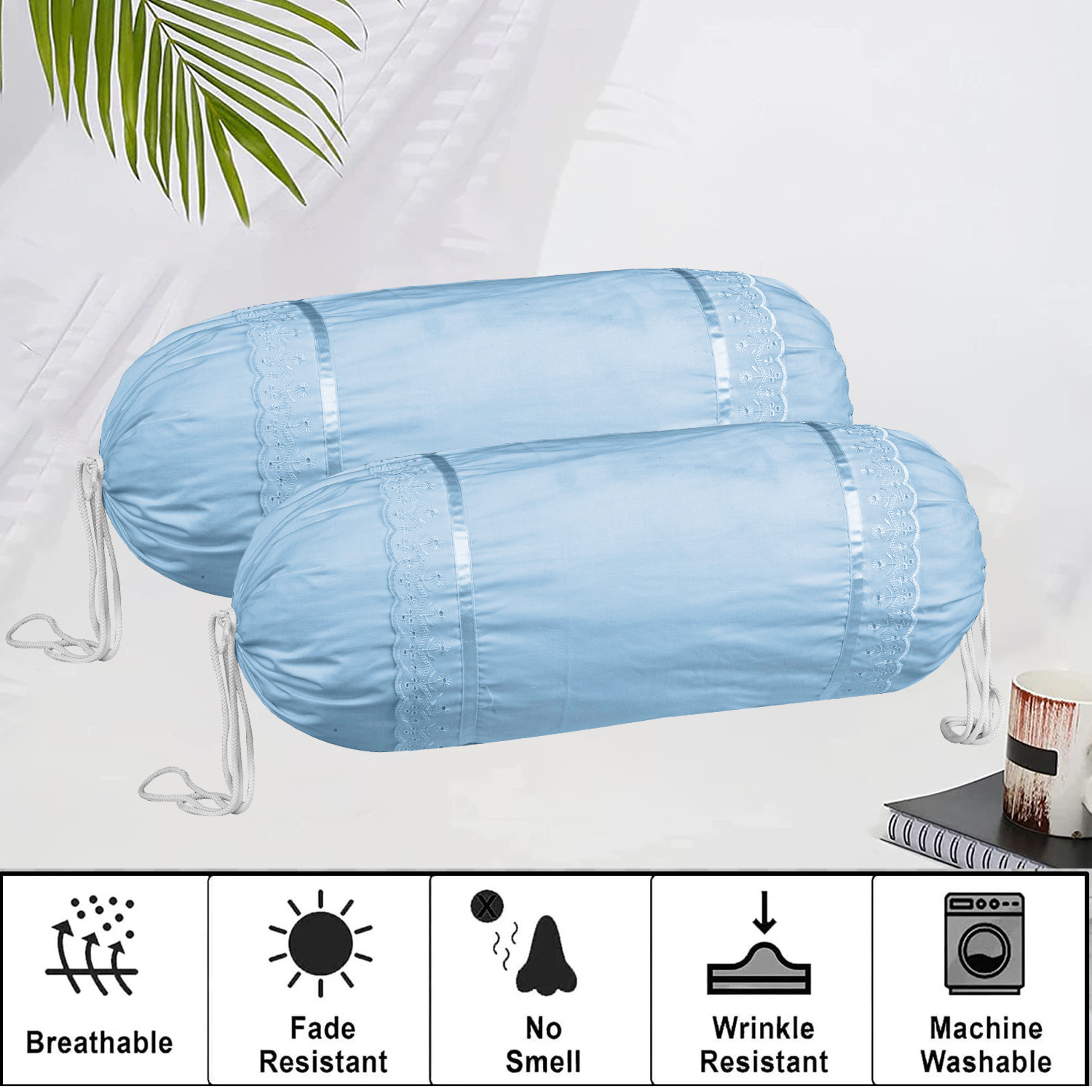 Kuber Industries Bolster Covers  Cotton Bolster Cover Set  Diwan Bolster Cover Set  Bolster Pillow Cover  Plain Lace Print Masand Cover  16x32 Inch  Pack of 2  Sky Blue
