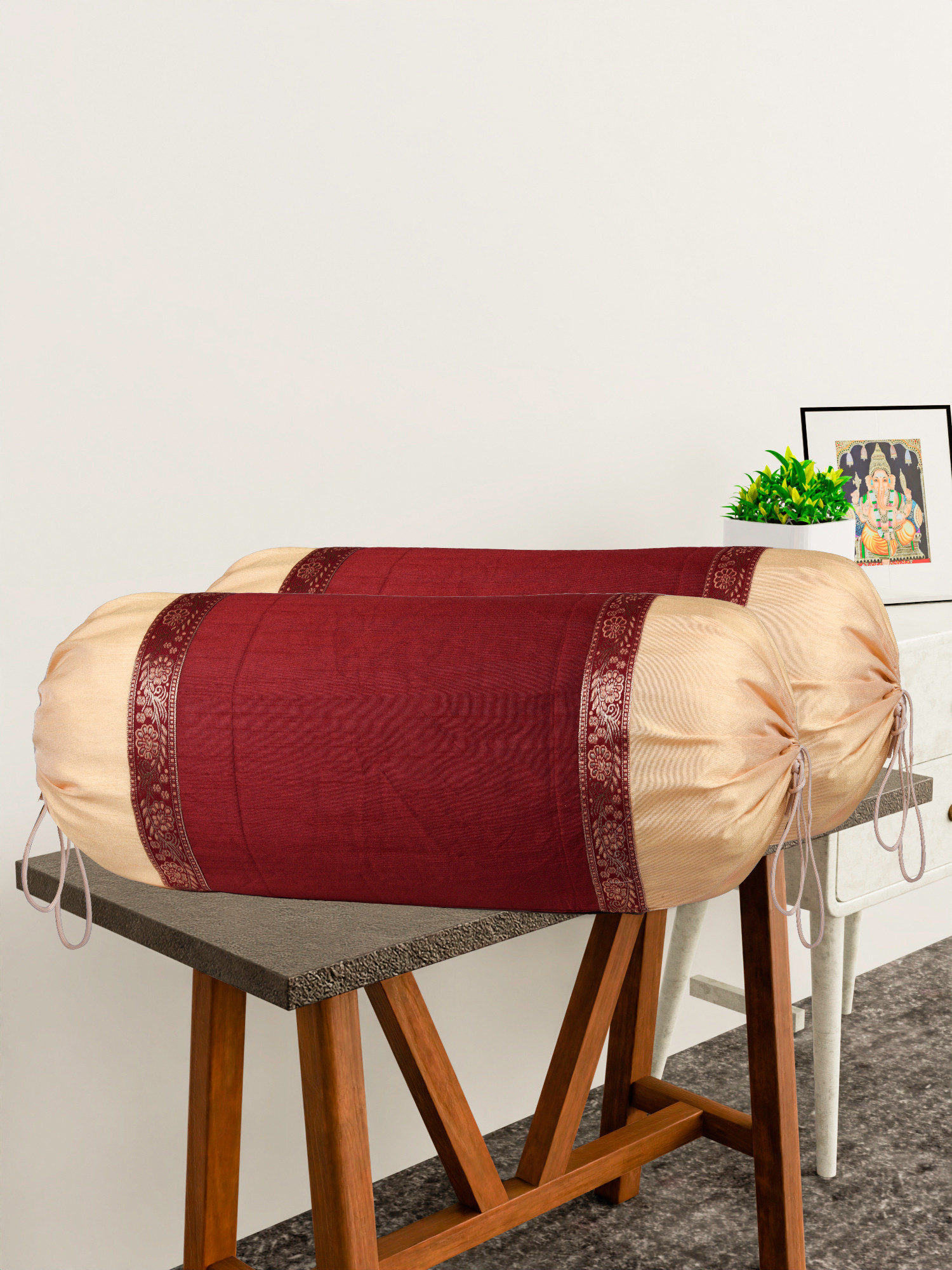 Kuber Industries Bolster Covers | Dupion Polyester Bolster Cover Set | Diwan Bolster Cover Set | Bolster Pillow Cover | Lace Design Masand Cover | 16x32 Inch | Pack of 2 | Maroon