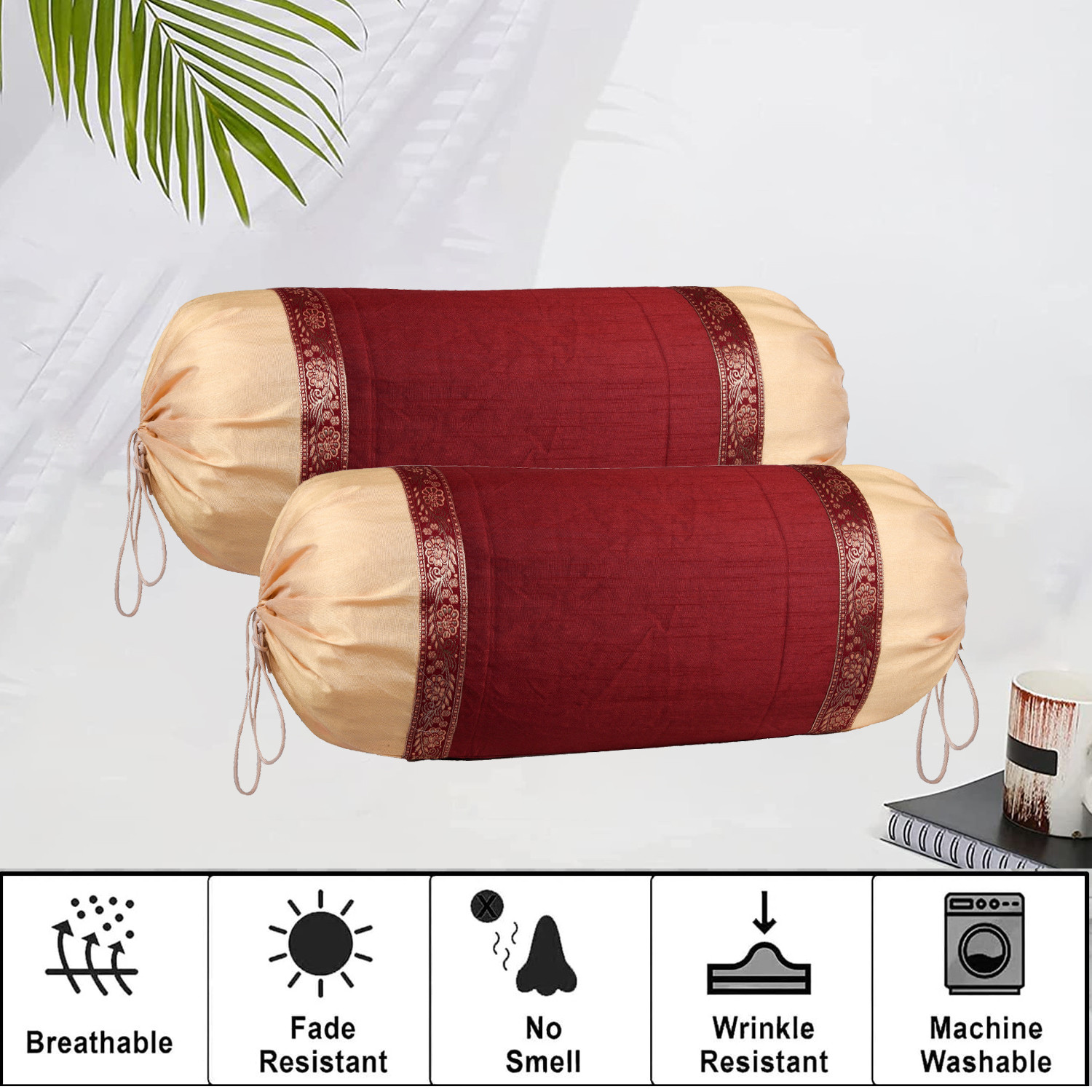 Kuber Industries Bolster Covers | Dupion Polyester Bolster Cover Set | Diwan Bolster Cover Set | Bolster Pillow Cover | Lace Design Masand Cover | 16x32 Inch | Pack of 2 | Maroon