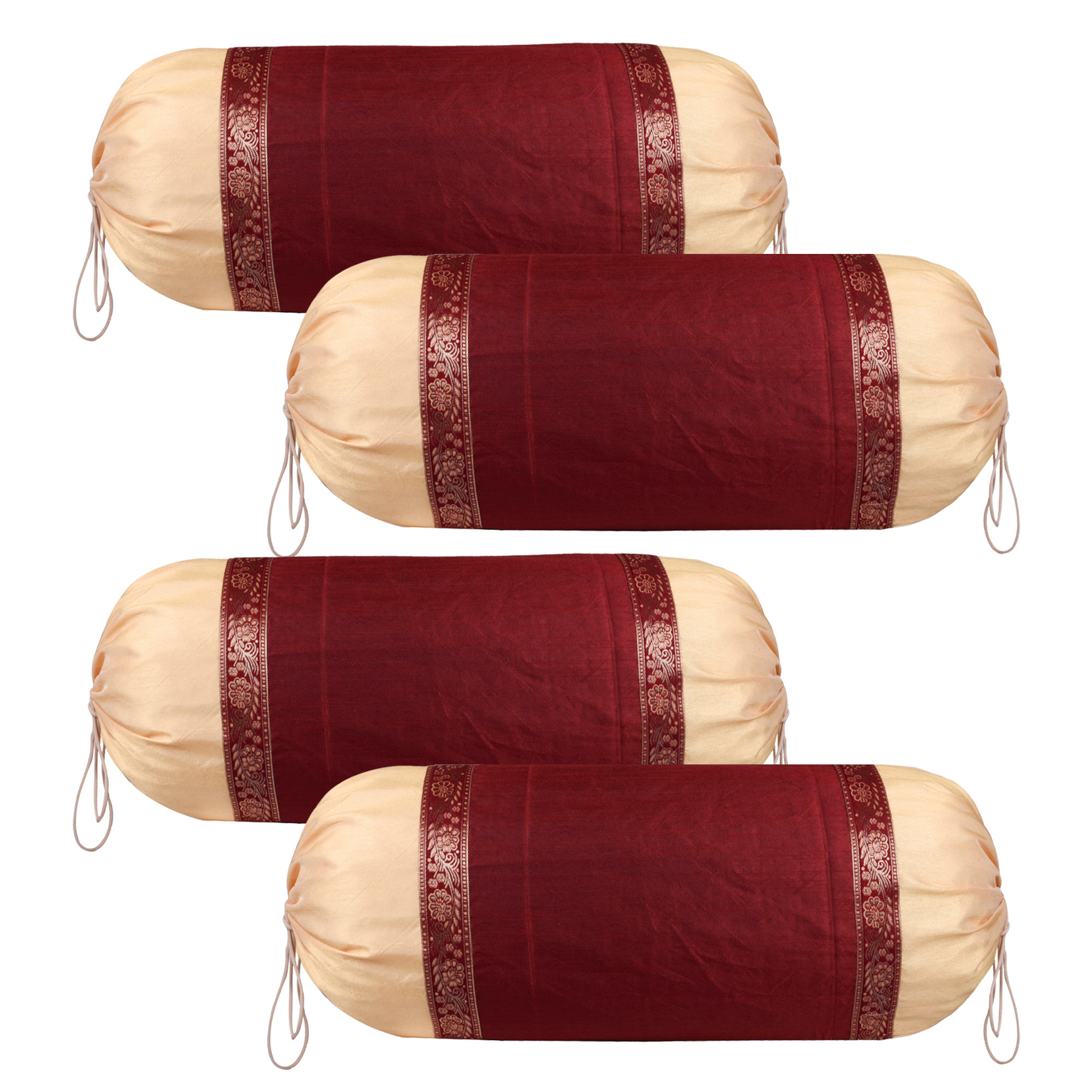Kuber Industries Bolster Covers | Dupion Polyester Bolster Cover Set | Diwan Bolster Cover Set | Bolster Pillow Cover | Lace Design Masand Cover | 16x32 Inch | Pack of 4 | Maroon