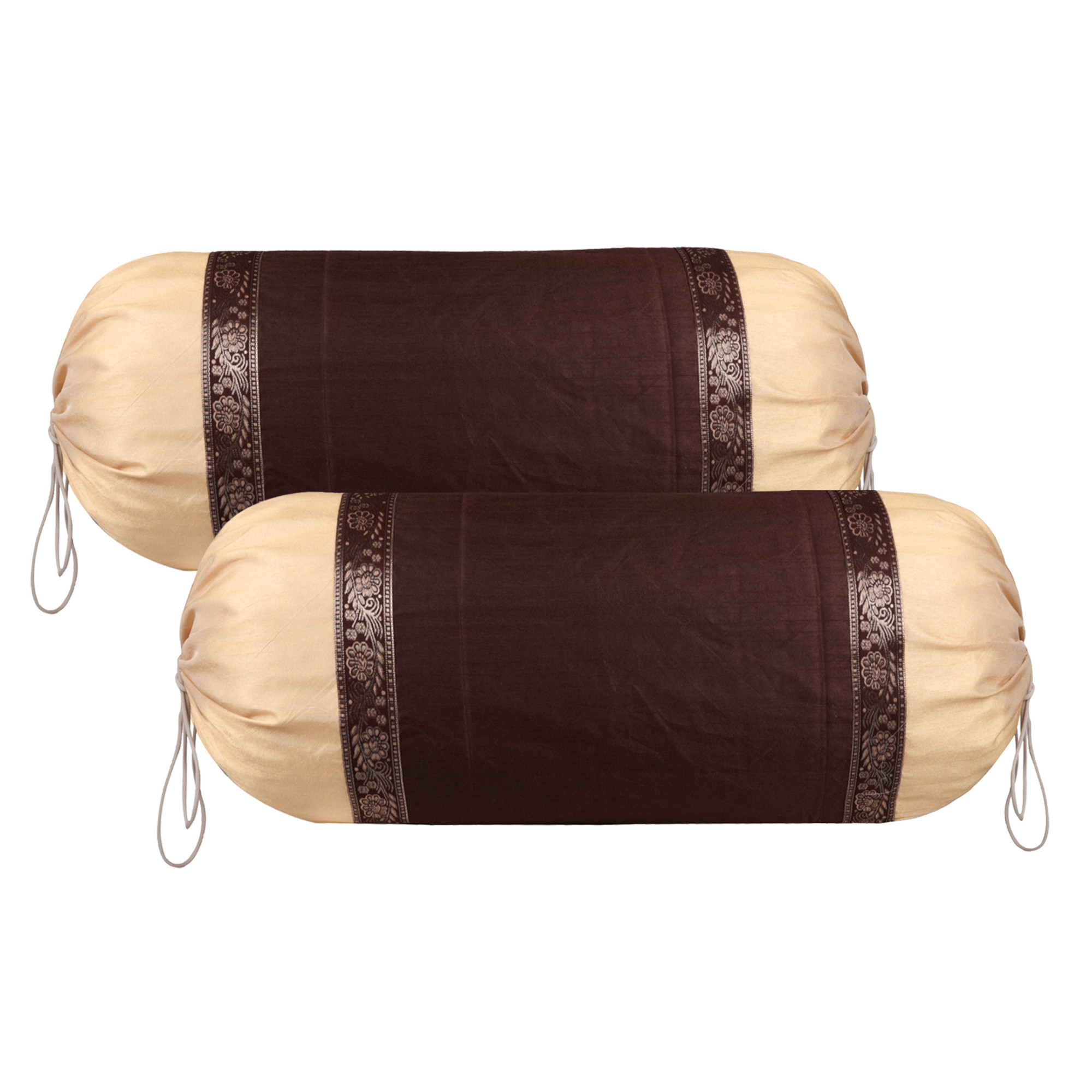 Kuber Industries Bolster Covers | Dupion Polyester Bolster Cover Set | Diwan Bolster Cover Set | Bolster Pillow Cover | Lace Design Masand Cover | 16x32 Inch | Pack of 2 | Brown