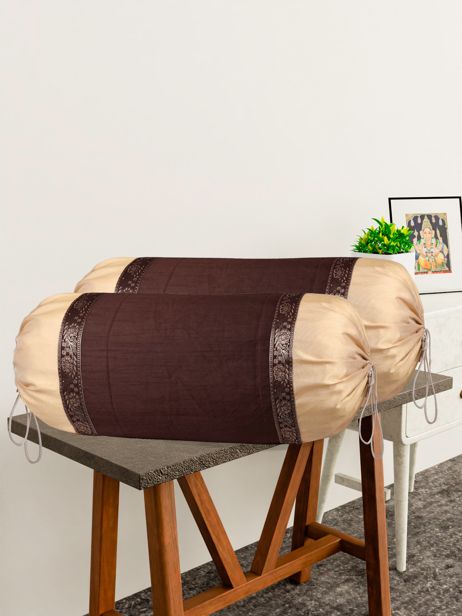 Kuber Industries Bolster Covers | Dupion Polyester Bolster Cover Set | Diwan Bolster Cover Set | Bolster Pillow Cover | Lace Design Masand Cover | 16x32 Inch | Pack of 2 | Brown
