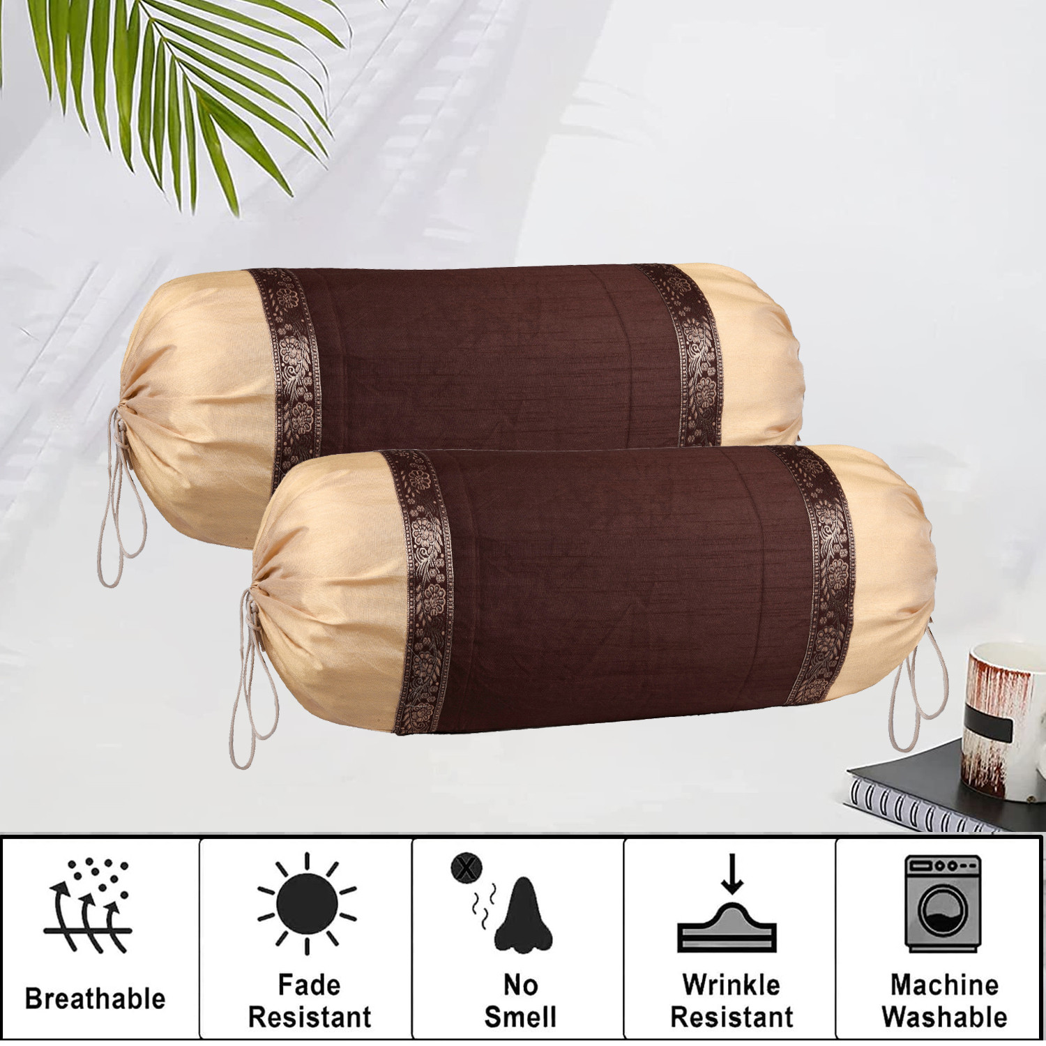 Kuber Industries Bolster Covers | Dupion Polyester Bolster Cover Set | Diwan Bolster Cover Set | Bolster Pillow Cover | Lace Design Masand Cover | 16x32 Inch | Pack of 2 | Brown