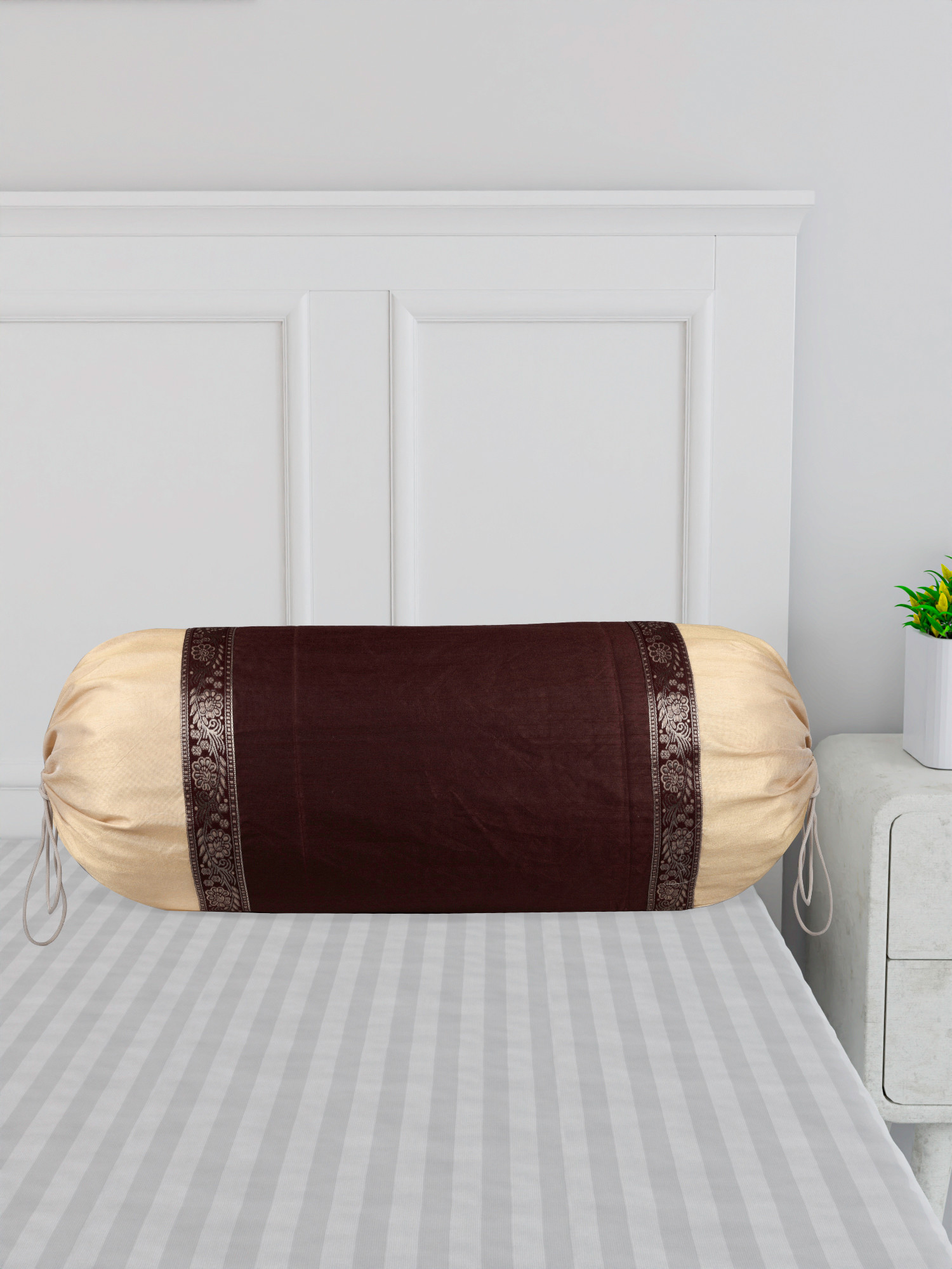 Kuber Industries Bolster Covers | Dupion Polyester Bolster Cover Set | Diwan Bolster Cover Set | Bolster Pillow Cover | Lace Design Masand Cover | 16x32 Inch | Pack of 2 | Brown