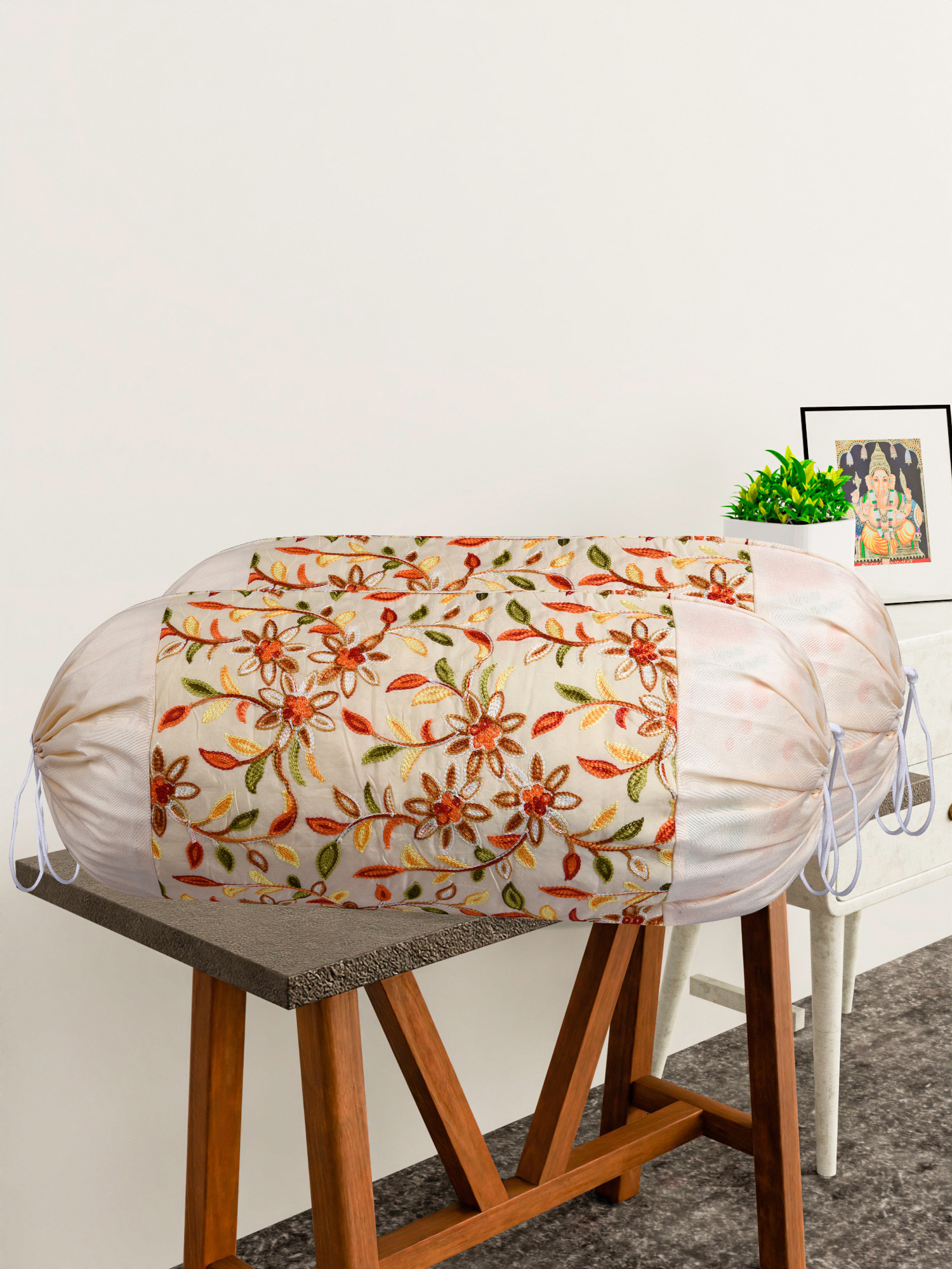 Kuber Industries Bolster Covers  Polyester Bolster Cover Set  Diwan Bolster Cover Set  Bolster Pillow Cover  Embroidery Design Masand Cover  16x32 Inch  Pack of 2  Cream