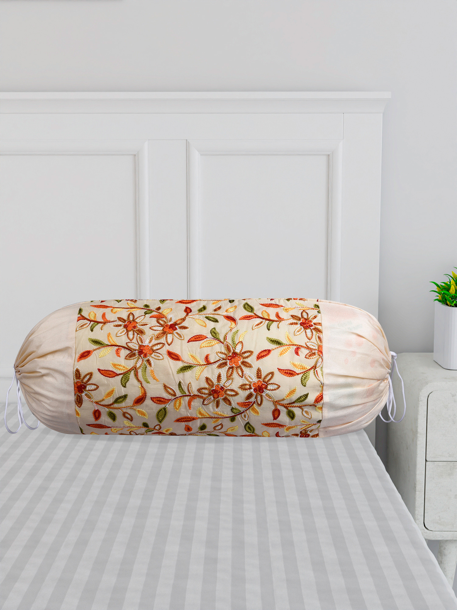 Kuber Industries Bolster Covers  Polyester Bolster Cover Set  Diwan Bolster Cover Set  Bolster Pillow Cover  Embroidery Design Masand Cover  16x32 Inch  Pack of 2  Cream