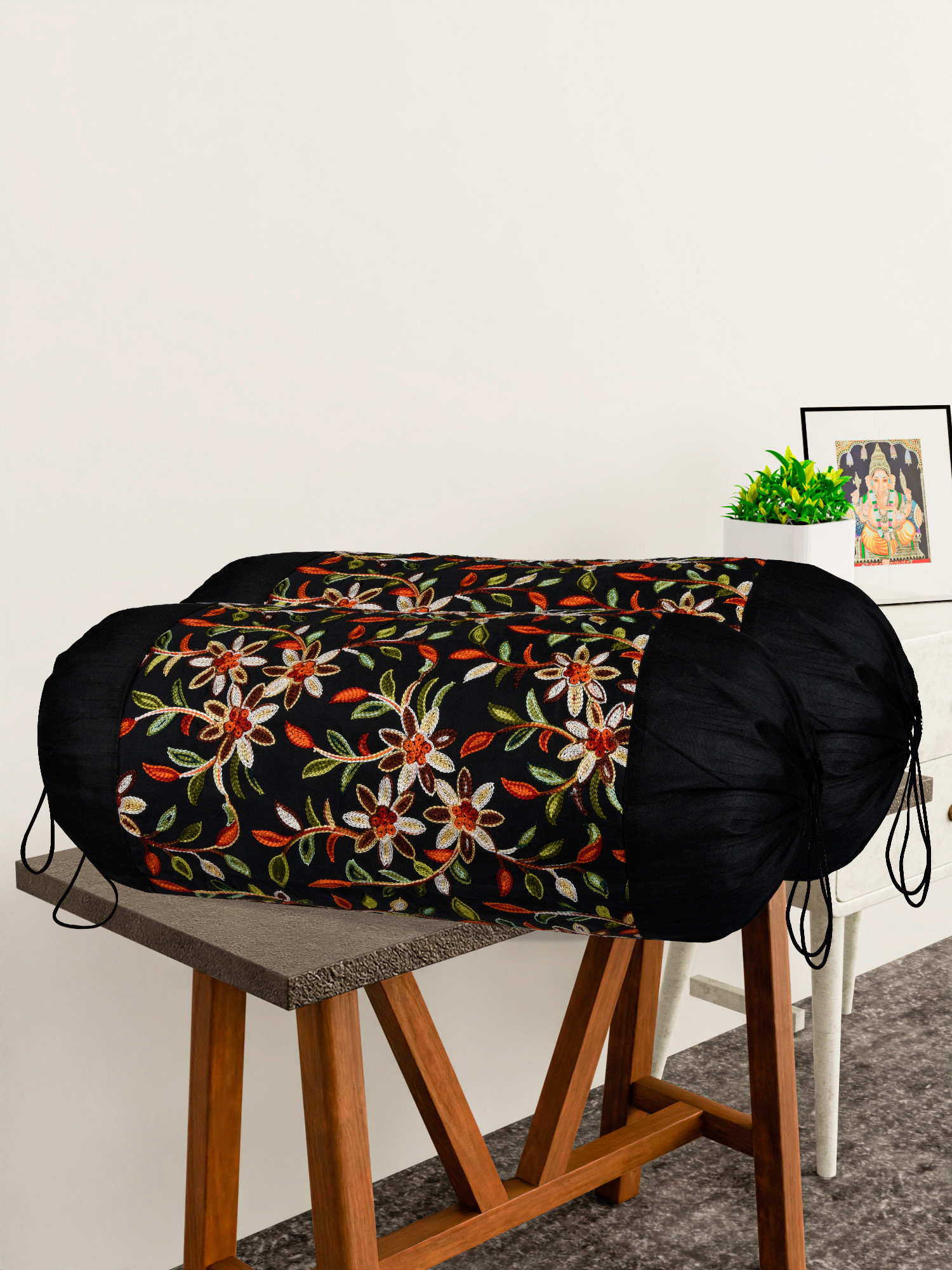 Kuber Industries Bolster Covers  Polyester Bolster Cover Set  Diwan Bolster Cover Set  Bolster Pillow Cover  Embroidery Design Masand Cover  16x32 Inch  Pack of 2  Black