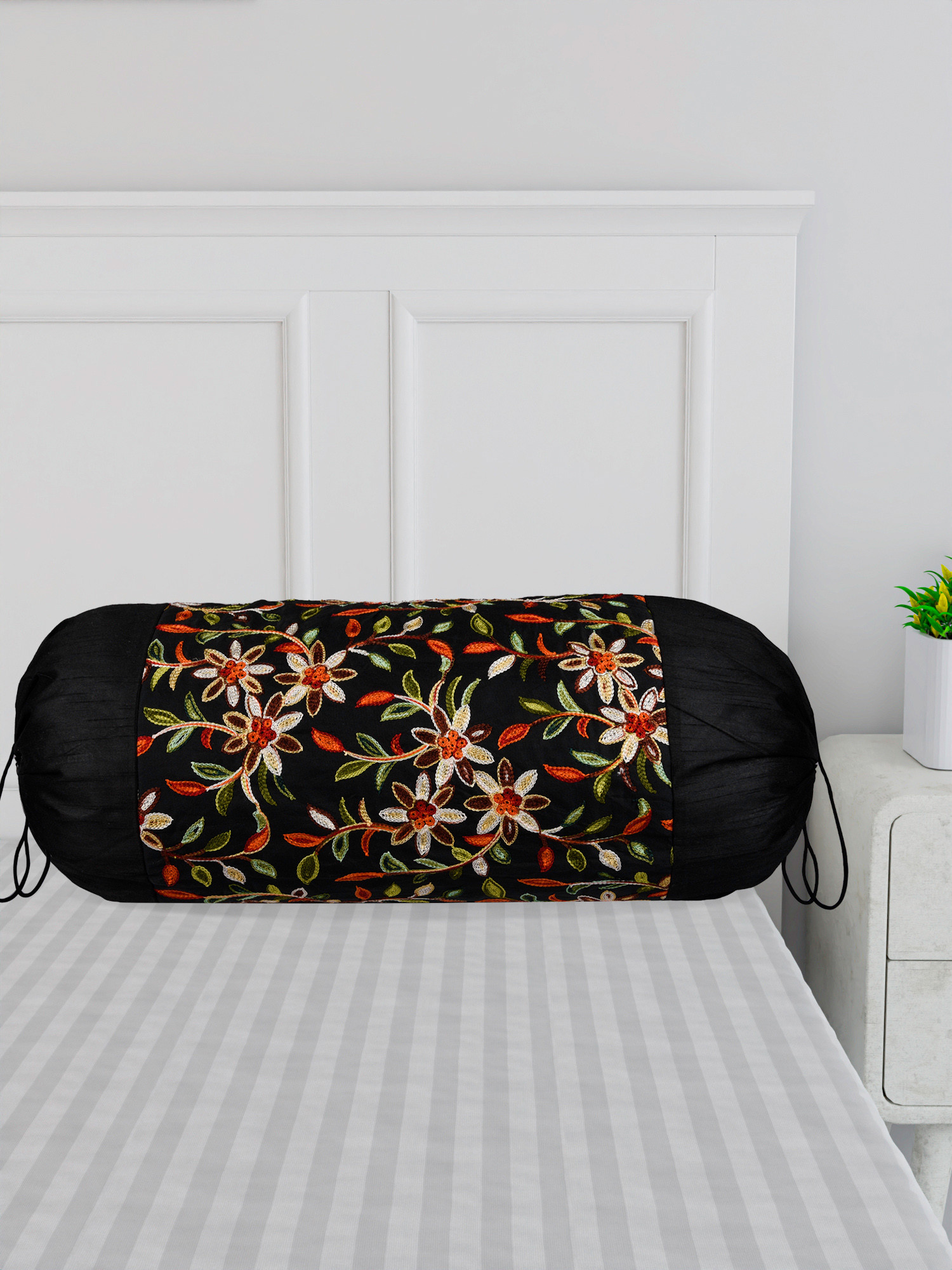 Kuber Industries Bolster Covers  Polyester Bolster Cover Set  Diwan Bolster Cover Set  Bolster Pillow Cover  Embroidery Design Masand Cover  16x32 Inch  Pack of 2  Black