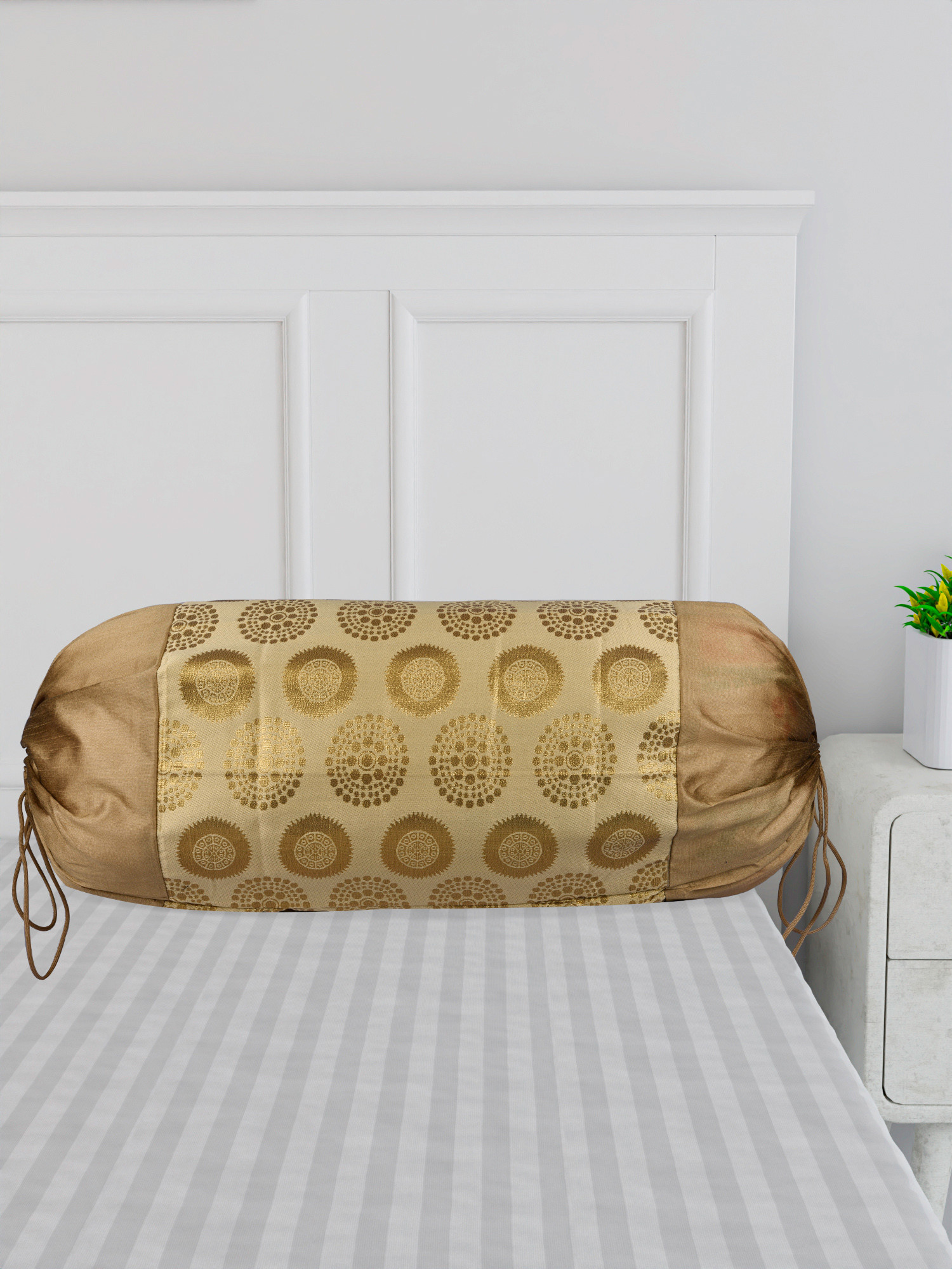 Kuber Industries Bolster Covers  Polyester Bolster Cover Set  Diwan Bolster Cover Set  Bolster Pillow Cover  Banarasi Gola Masand Cover  16x32 Inch  Pack of 2  Golden