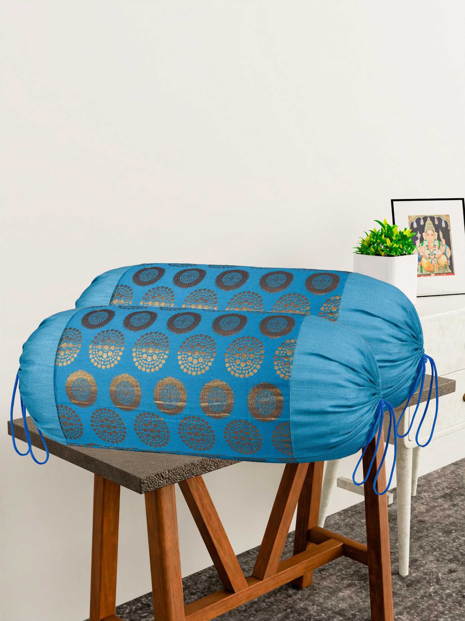 Kuber Industries Bolster Covers  Polyester Bolster Cover Set  Diwan Bolster Cover Set  Bolster Pillow Cover  Banarasi Gola Masand Cover  16x32 Inch  Pack of 2  Firozi