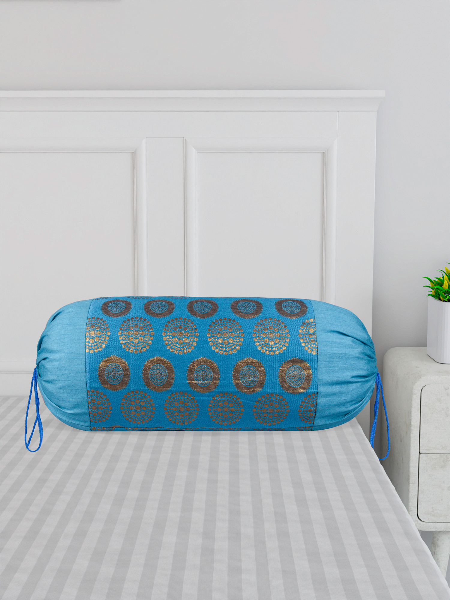 Kuber Industries Bolster Covers  Polyester Bolster Cover Set  Diwan Bolster Cover Set  Bolster Pillow Cover  Banarasi Gola Masand Cover  16x32 Inch  Pack of 2  Firozi