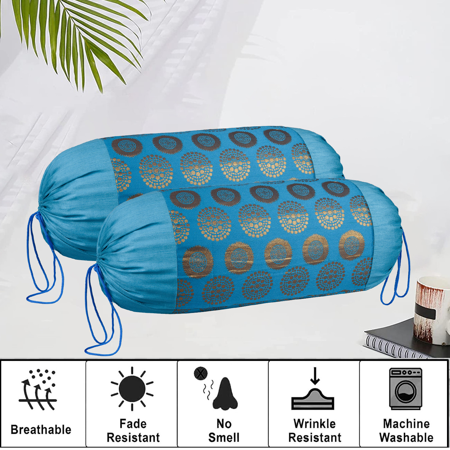 Kuber Industries Bolster Covers | Polyester Bolster Cover Set | Diwan Bolster Cover Set | Bolster Pillow Cover | Banarasi Gola Masand Cover | 16x32 Inch |Firozi