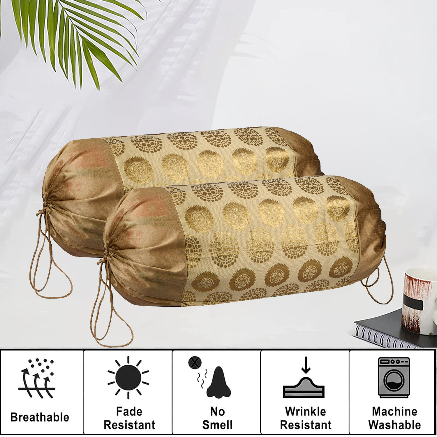 Kuber Industries Bolster Covers | Polyester Bolster Cover Set | Diwan Bolster Cover Set | Bolster Pillow Cover | Banarasi Gola Masand Cover | 16x32 Inch |Golden