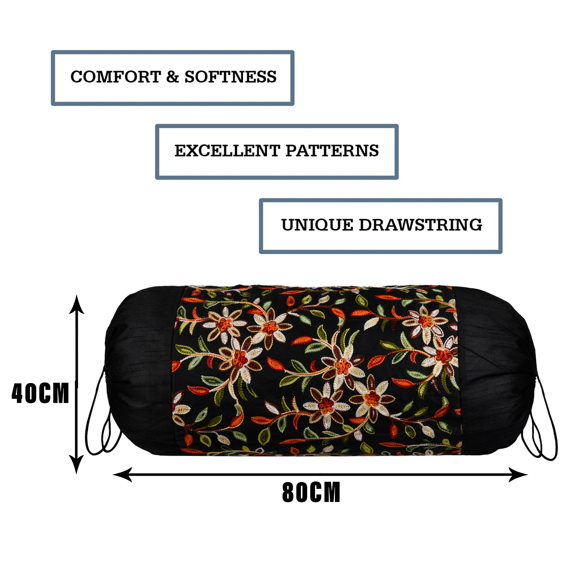 Kuber Industries Bolster Covers | Polyester Bolster Cover Set | Diwan Bolster Cover Set | Bolster Pillow Cover | Embroidery Design Masand Cover | 16x32 Inch | Pack of 2 | Black