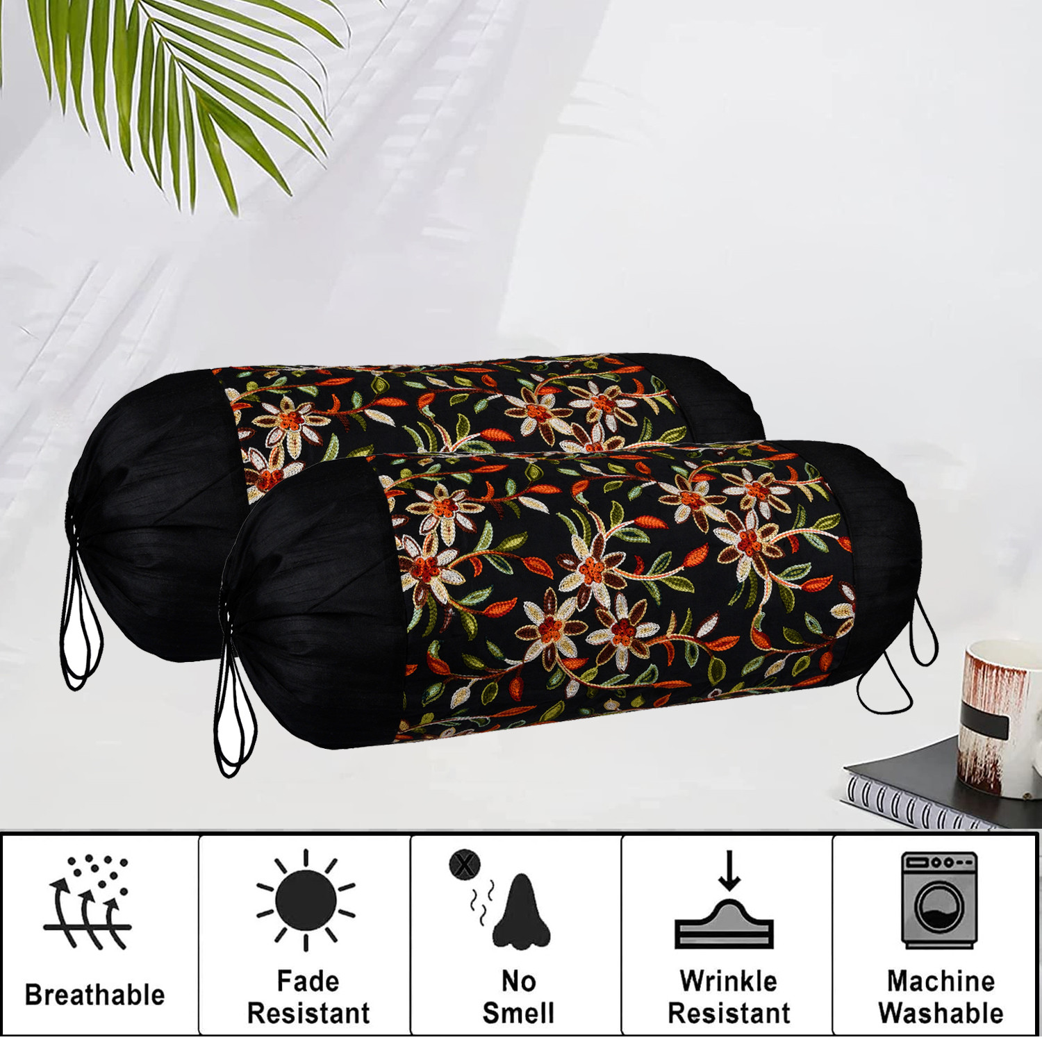 Kuber Industries Bolster Covers | Polyester Bolster Cover Set | Diwan Bolster Cover Set | Bolster Pillow Cover | Embroidery Design Masand Cover | 16x32 Inch | Pack of 2 | Black
