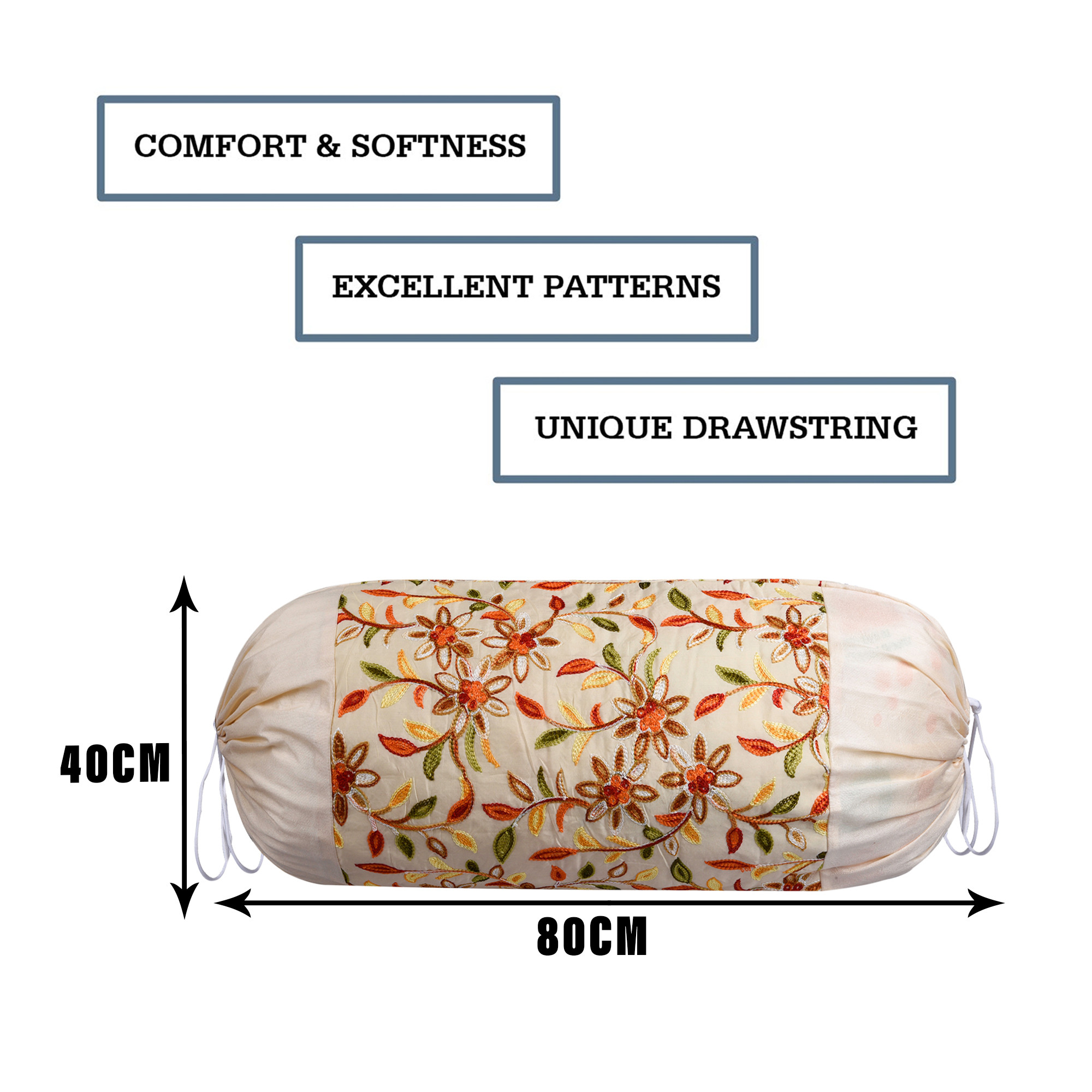 Kuber Industries Bolster Covers | Polyester Bolster Cover Set | Diwan Bolster Cover Set | Bolster Pillow Cover | Embroidery Design Masand Cover | 16x32 Inch | Pack of 2 | Cream