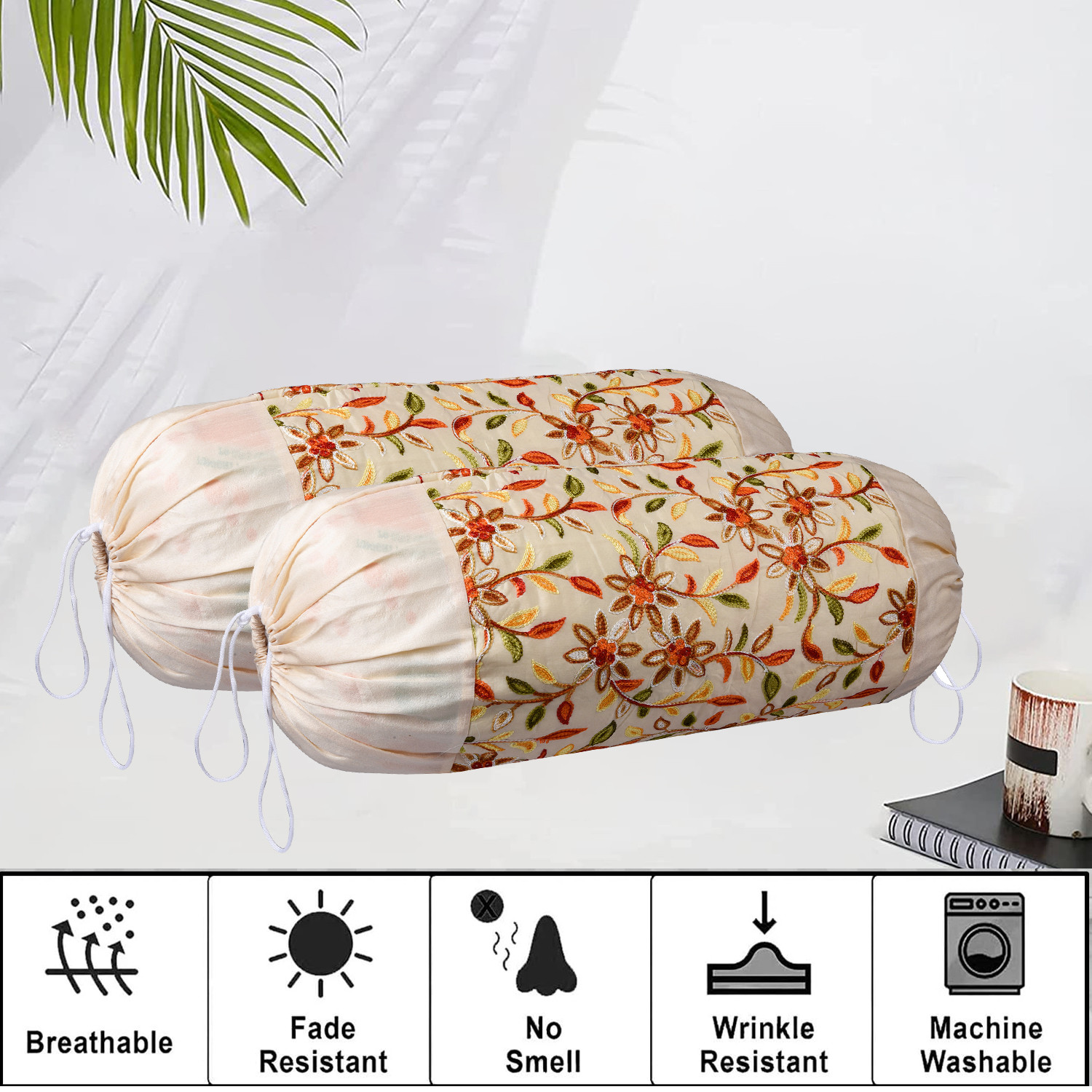 Kuber Industries Bolster Covers | Polyester Bolster Cover Set | Diwan Bolster Cover Set | Bolster Pillow Cover | Embroidery Design Masand Cover | 16x32 Inch | Pack of 2 | Cream