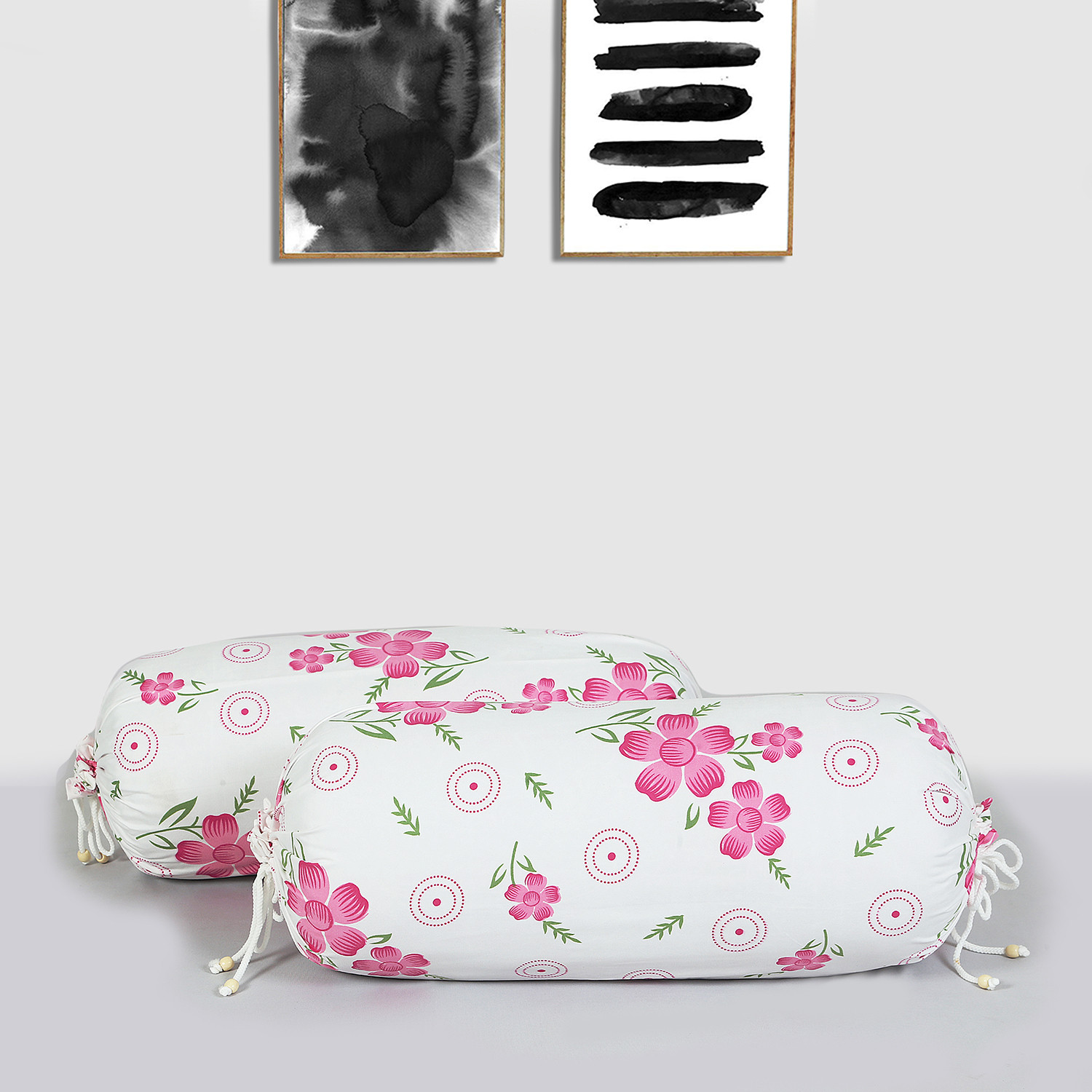 Kuber Industries Bolster Covers  Soft Cotton Bolster Cover Set  Bolster Pillow Covers  Pink Circle Flower Roll Masand Cover  Long Pillow Case  16x32 Inch  Pack of 2  White