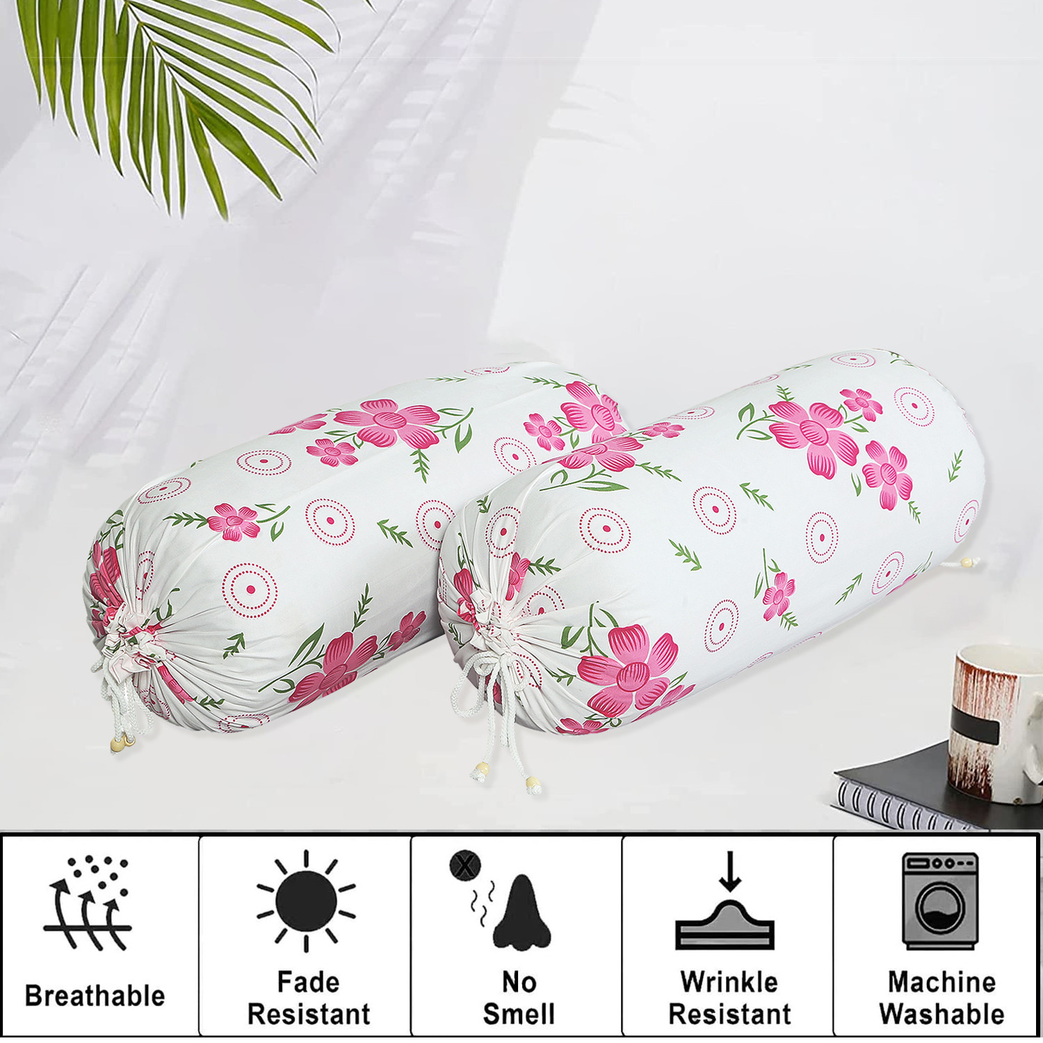 Kuber Industries Bolster Covers  Soft Cotton Bolster Cover Set  Bolster Pillow Covers  Pink Circle Flower Roll Masand Cover  Long Pillow Case  16x32 Inch  Pack of 2  White