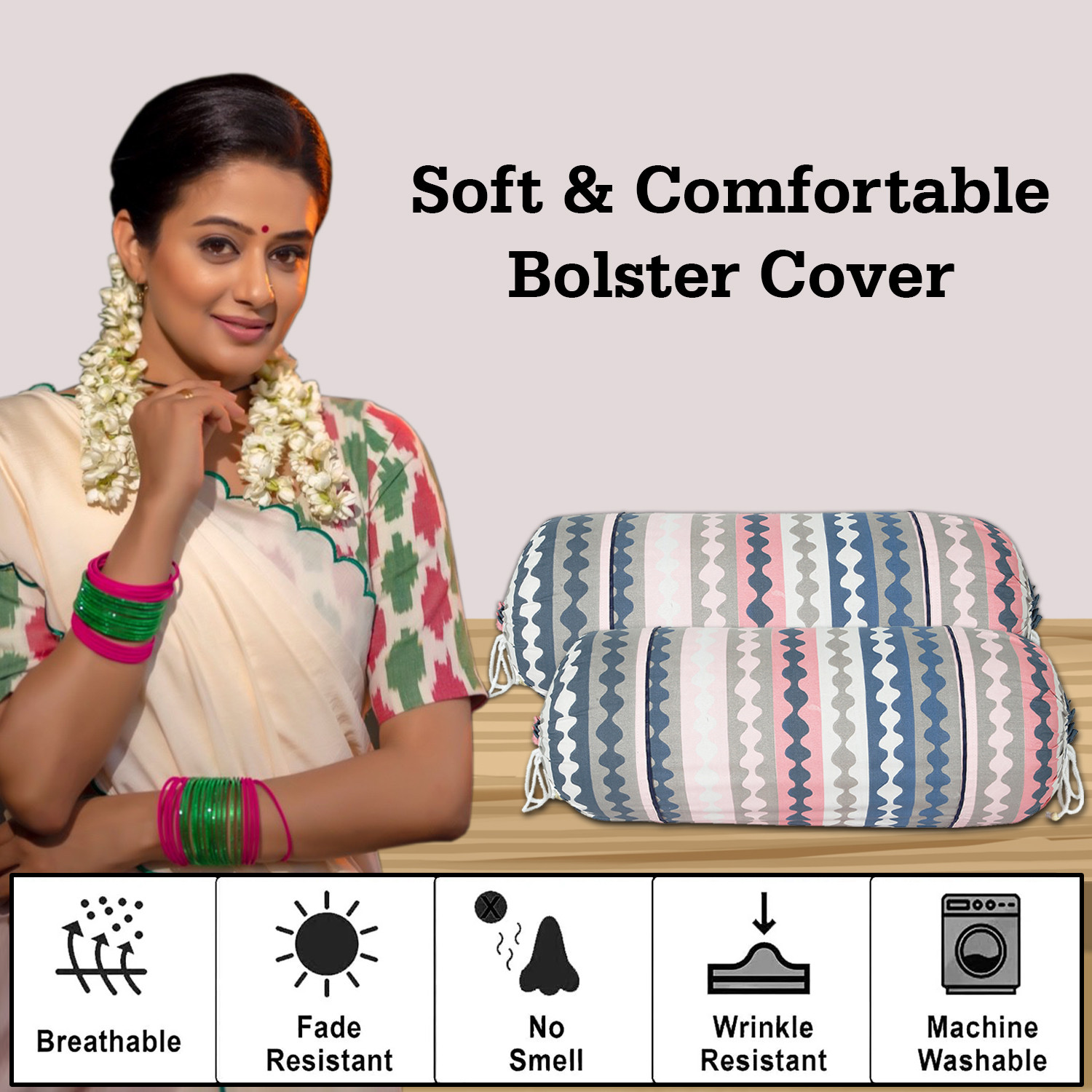 Kuber Industries Bolster Covers | Soft Cotton Bolster Cover Set | Diwan Round Bolster Pillow Covers |  Zig Zag Design Roll Masand Cover | 16x32 Inch |  Multicolor