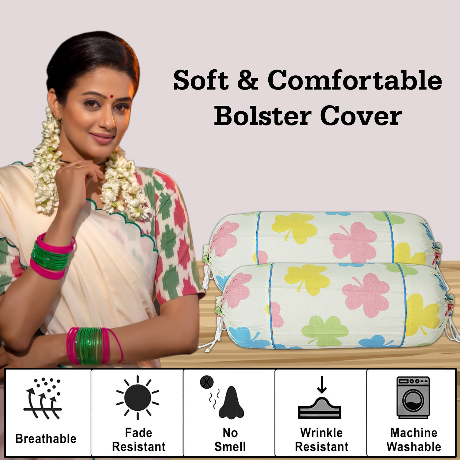 Kuber Industries Bolster Covers | Soft Cotton Bolster Cover Set | Diwan Round Bolster Pillow Covers |  Multi-Flower Design Roll Masand Cover | 16x32 Inch | Cream