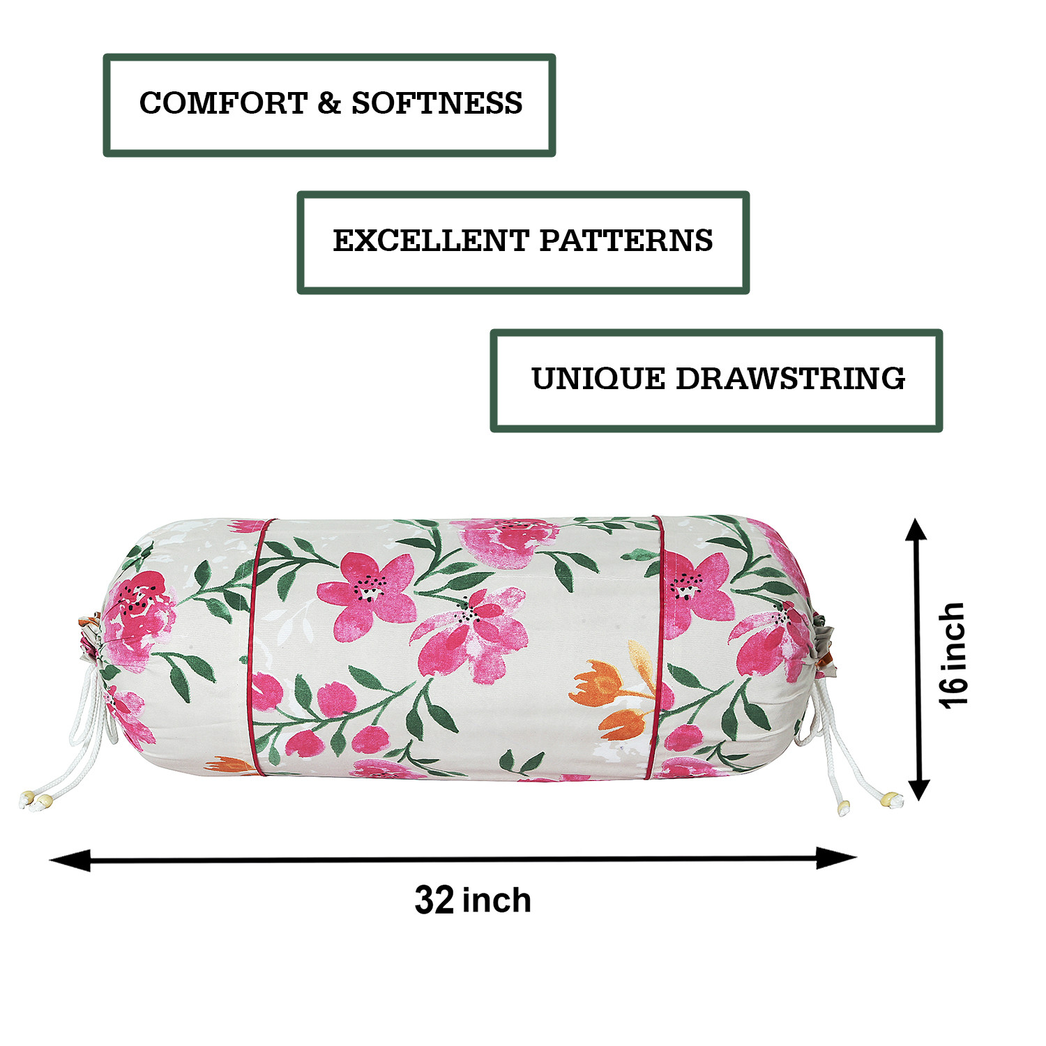 Kuber Industries Bolster Covers | Soft Cotton Bolster Cover Set | Diwan Round Bolster Pillow Covers |  Green Leaf Print Roll Masand Cover | 16x32 Inch | Multicolor