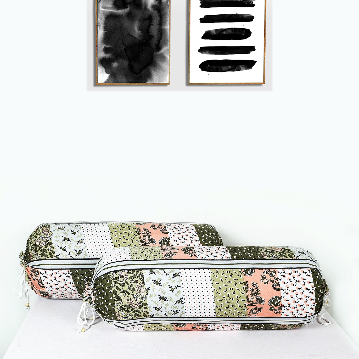 Kuber Industries Bolster Covers | Soft Cotton Bolster Cover Set | Diwan Round Bolster Pillow Covers |  Flower-Check Print Roll Masand Cover | 16x32 Inch | Green