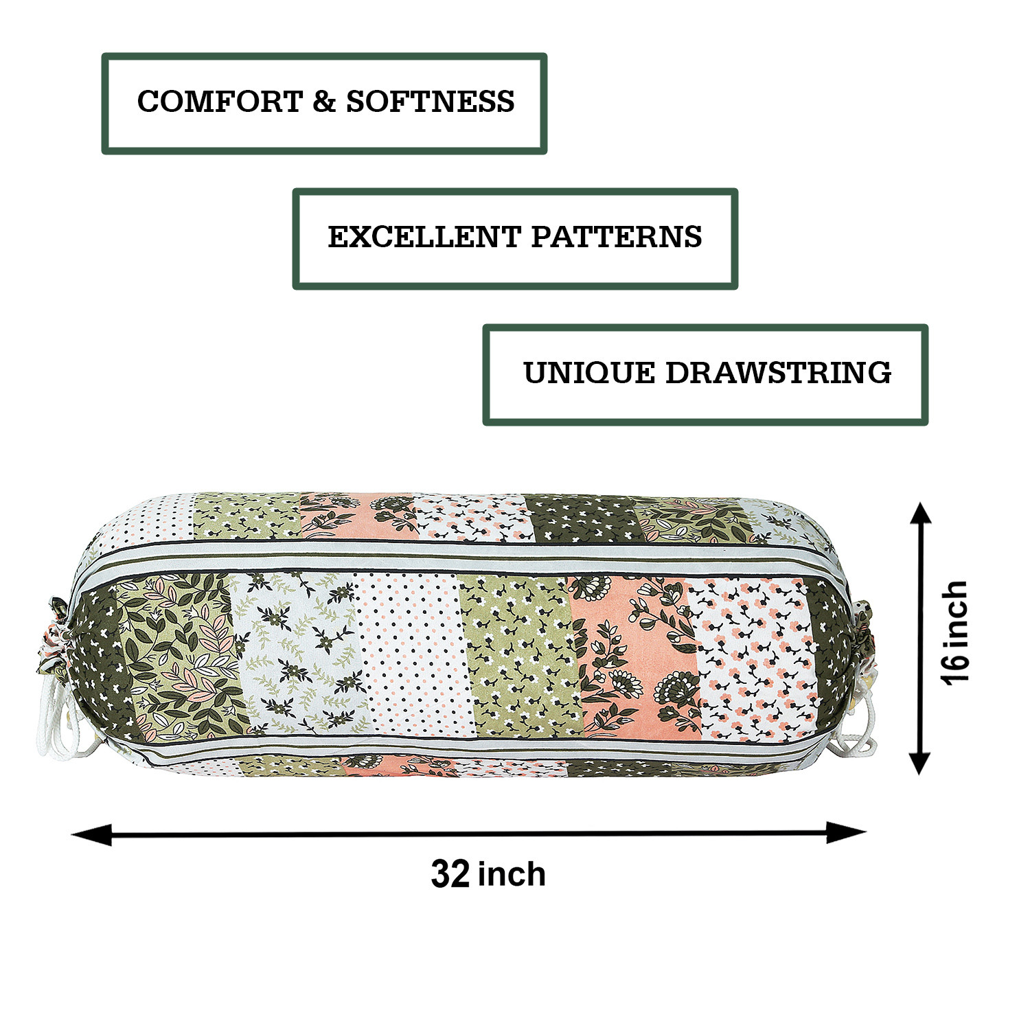 Kuber Industries Bolster Covers | Soft Cotton Bolster Cover Set | Diwan Round Bolster Pillow Covers |  Flower-Check Print Roll Masand Cover | 16x32 Inch | Green