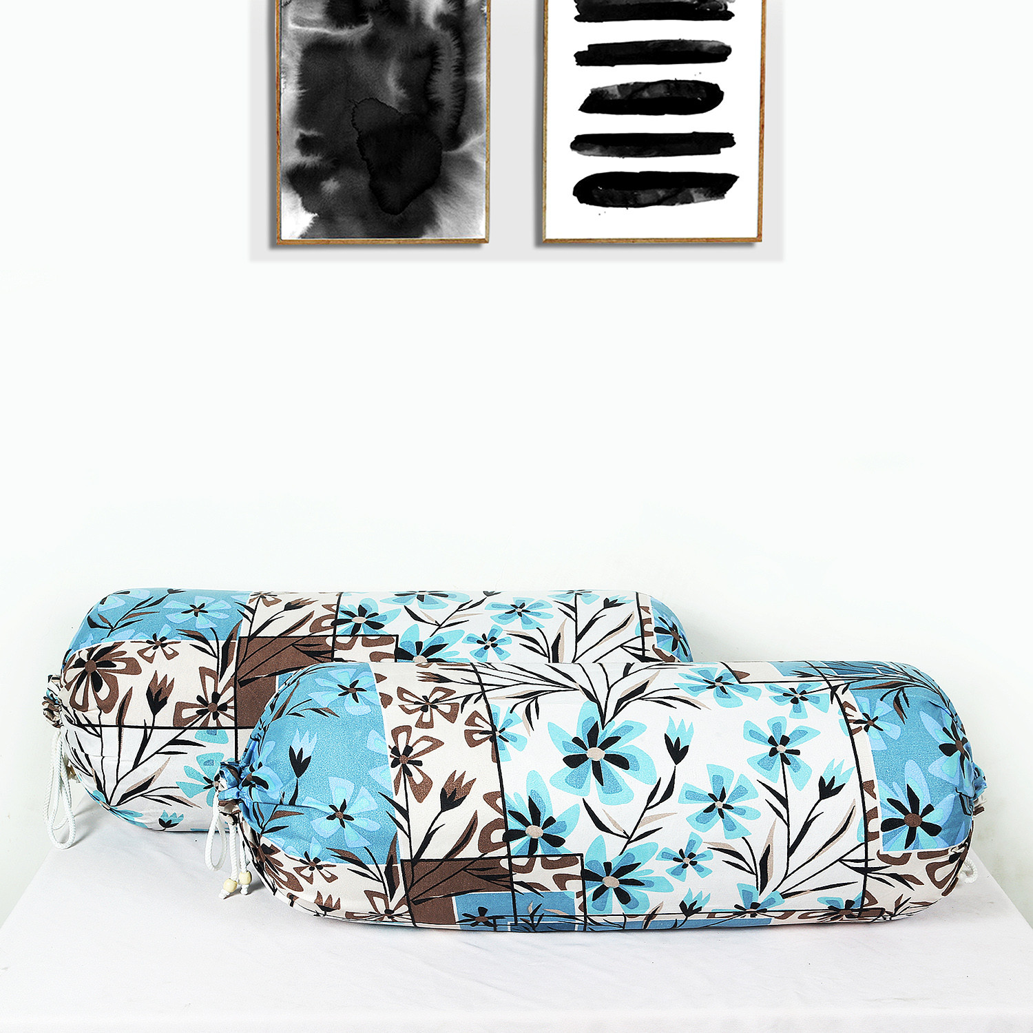 Kuber Industries Bolster Covers | Soft Cotton Bolster Cover Set | Diwan Round Bolster Pillow Covers |  Flower-Check Print Roll Masand Cover | 16x32 Inch |Blue