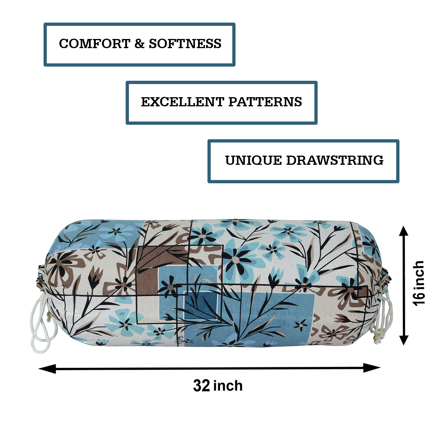 Kuber Industries Bolster Covers | Soft Cotton Bolster Cover Set | Diwan Round Bolster Pillow Covers |  Flower-Check Print Roll Masand Cover | 16x32 Inch |Blue