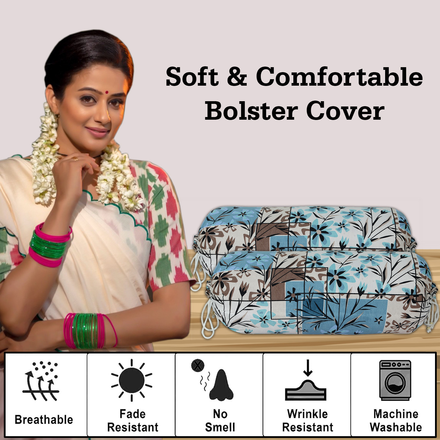Kuber Industries Bolster Covers | Soft Cotton Bolster Cover Set | Diwan Round Bolster Pillow Covers |  Flower-Check Print Roll Masand Cover | 16x32 Inch |Blue