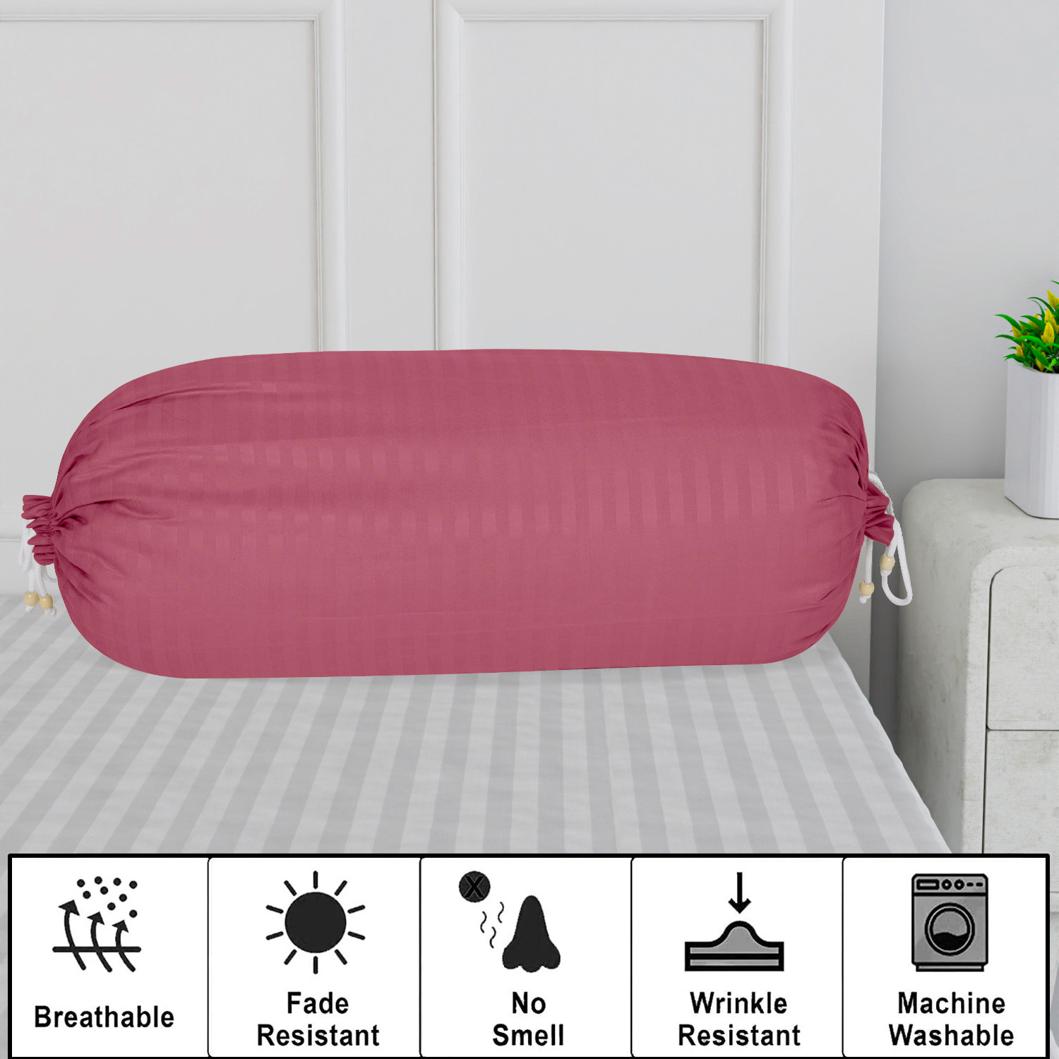 Kuber Industries Bolster Covers  Soft Cotton Bolster Cover Set  Diwan Round Bolster Pillow Covers  Striped Pattern Masand Cover  16x32 Inch  Pack of 2  Pink