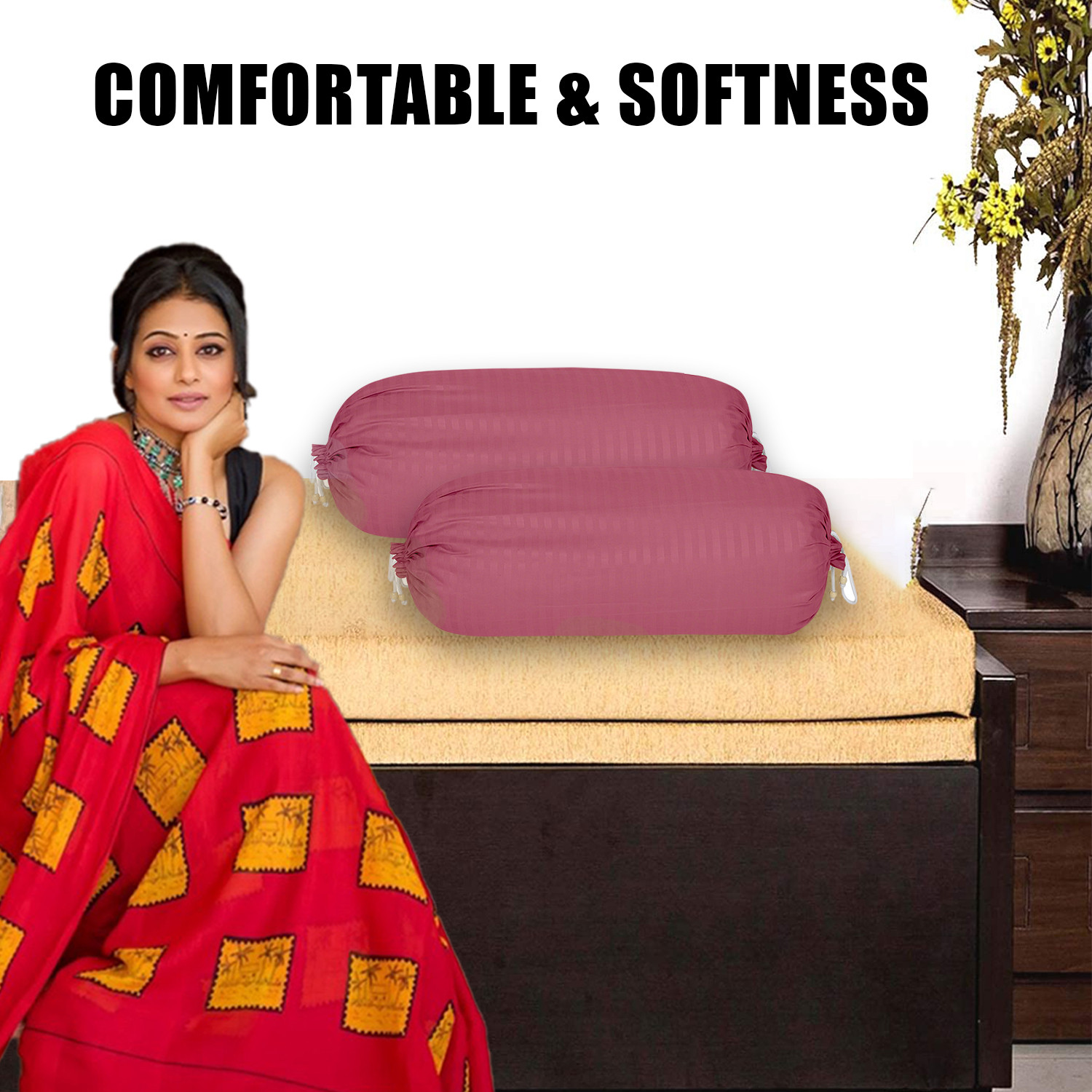 Kuber Industries Bolster Covers  Soft Cotton Bolster Cover Set  Diwan Round Bolster Pillow Covers  Striped Pattern Masand Cover  16x32 Inch  Pack of 2  Pink