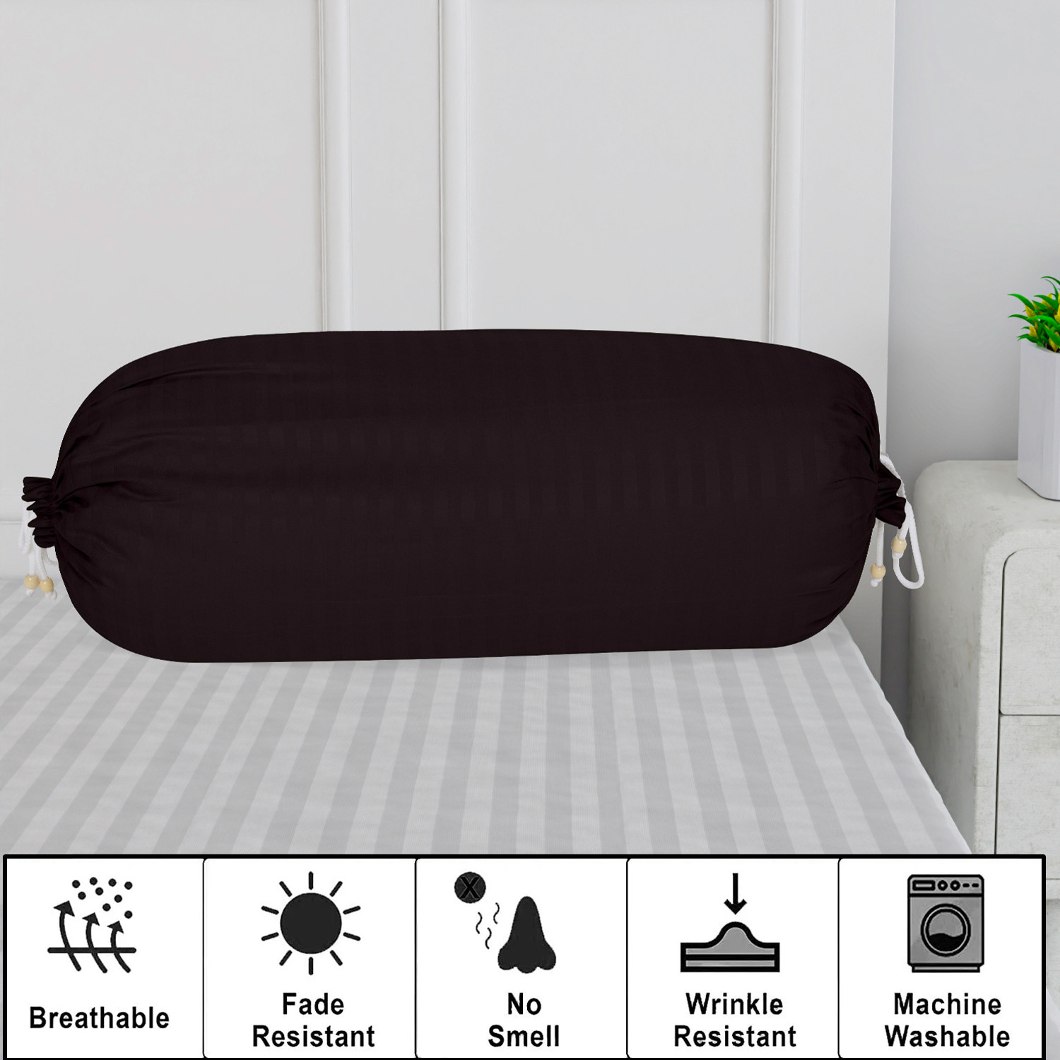 Kuber Industries Bolster Covers  Soft Cotton Bolster Cover Set  Diwan Round Bolster Pillow Covers  Striped Pattern Masand Cover  16x32 Inch  Pack of 2  Black