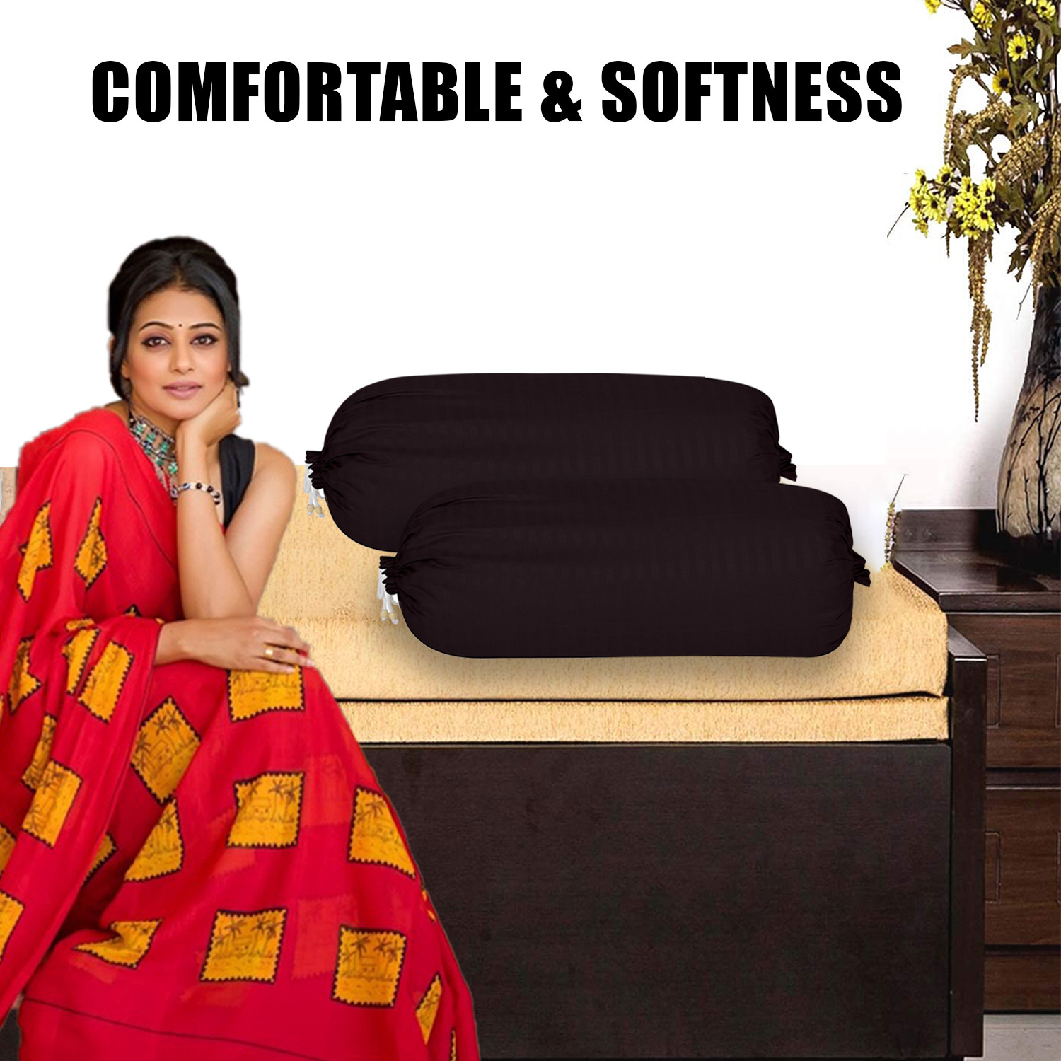 Kuber Industries Bolster Covers  Soft Cotton Bolster Cover Set  Diwan Round Bolster Pillow Covers  Striped Pattern Masand Cover  16x32 Inch  Pack of 2  Black