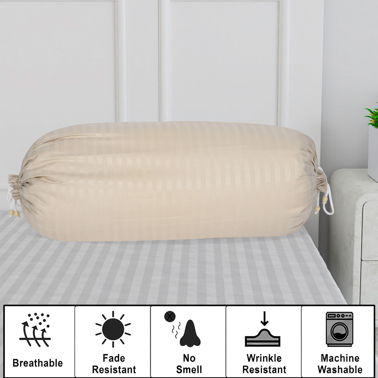 Kuber Industries Bolster Covers  Soft Cotton Bolster Cover Set  Diwan Round Bolster Pillow Covers  Striped Pattern Masand Cover  16x32 Inch  Pack of 2  Cream