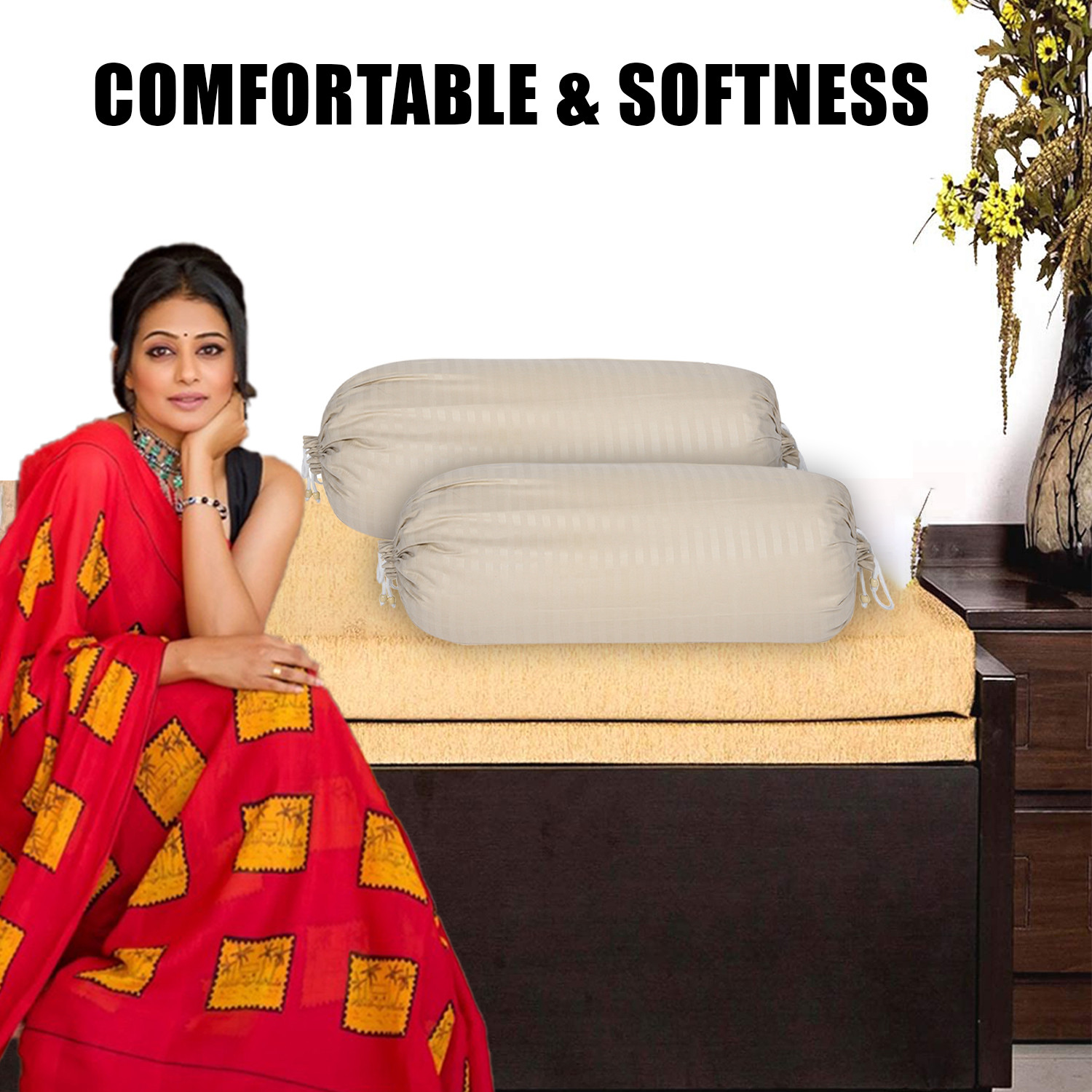 Kuber Industries Bolster Covers  Soft Cotton Bolster Cover Set  Diwan Round Bolster Pillow Covers  Striped Pattern Masand Cover  16x32 Inch  Pack of 2  Cream