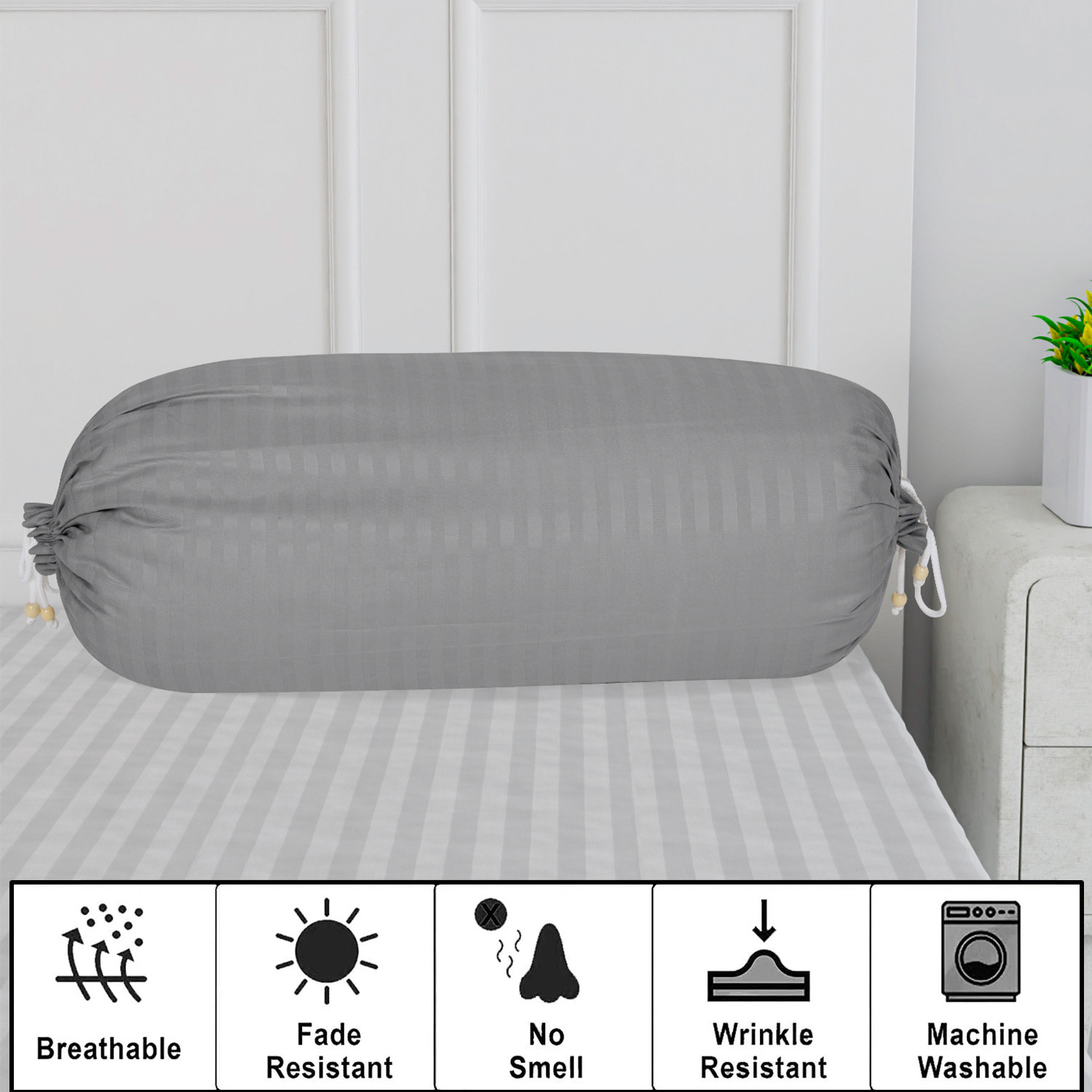 Kuber Industries Bolster Covers  Soft Cotton Bolster Cover Set  Diwan Round Bolster Pillow Covers  Striped Pattern Masand Cover  16x32 Inch  Pack of 2  Gray