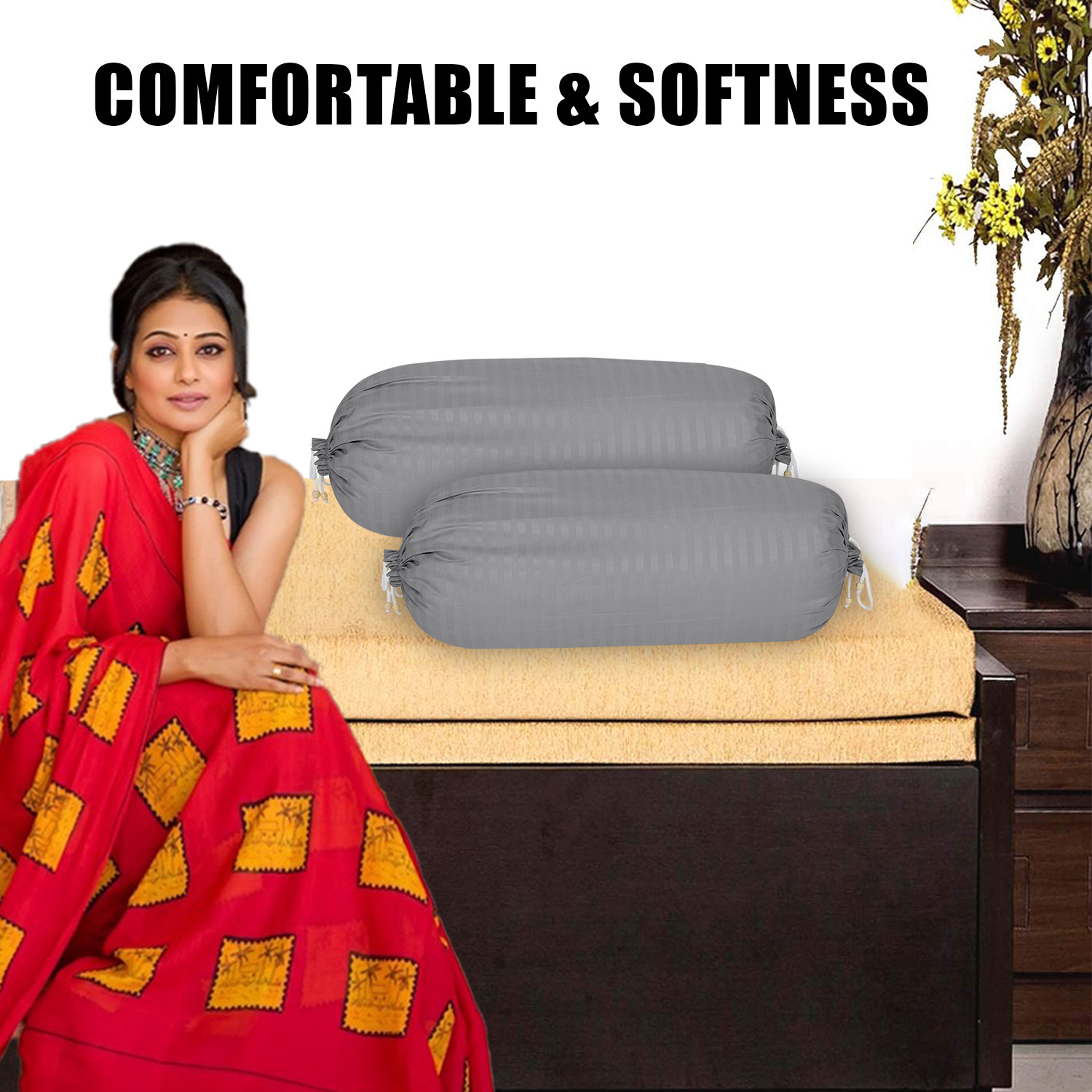 Kuber Industries Bolster Covers  Soft Cotton Bolster Cover Set  Diwan Round Bolster Pillow Covers  Striped Pattern Masand Cover  16x32 Inch  Pack of 2  Gray