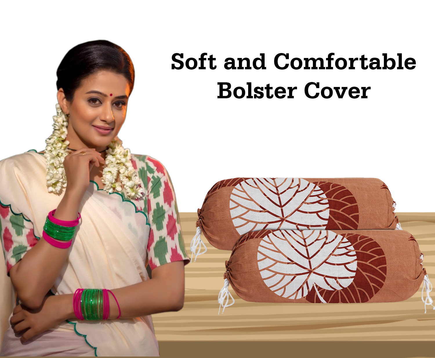 Kuber Industries Bolster Cover|Soft Cotton Bolster Cover Set|Diwan Round Bolster Pillow Covers|Luxurious Leaf Print Roll Masand Cover|16x32 Inch (Coral)