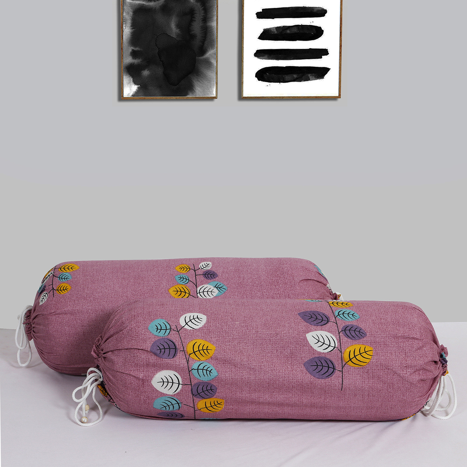 Kuber Industries Bolster Cover|Soft Cotton Bolster Cover Set|Diwan Round Bolster Pillow Covers|Luxurious Leaf Print Roll Masand Cover|16x32 Inch (Pink)